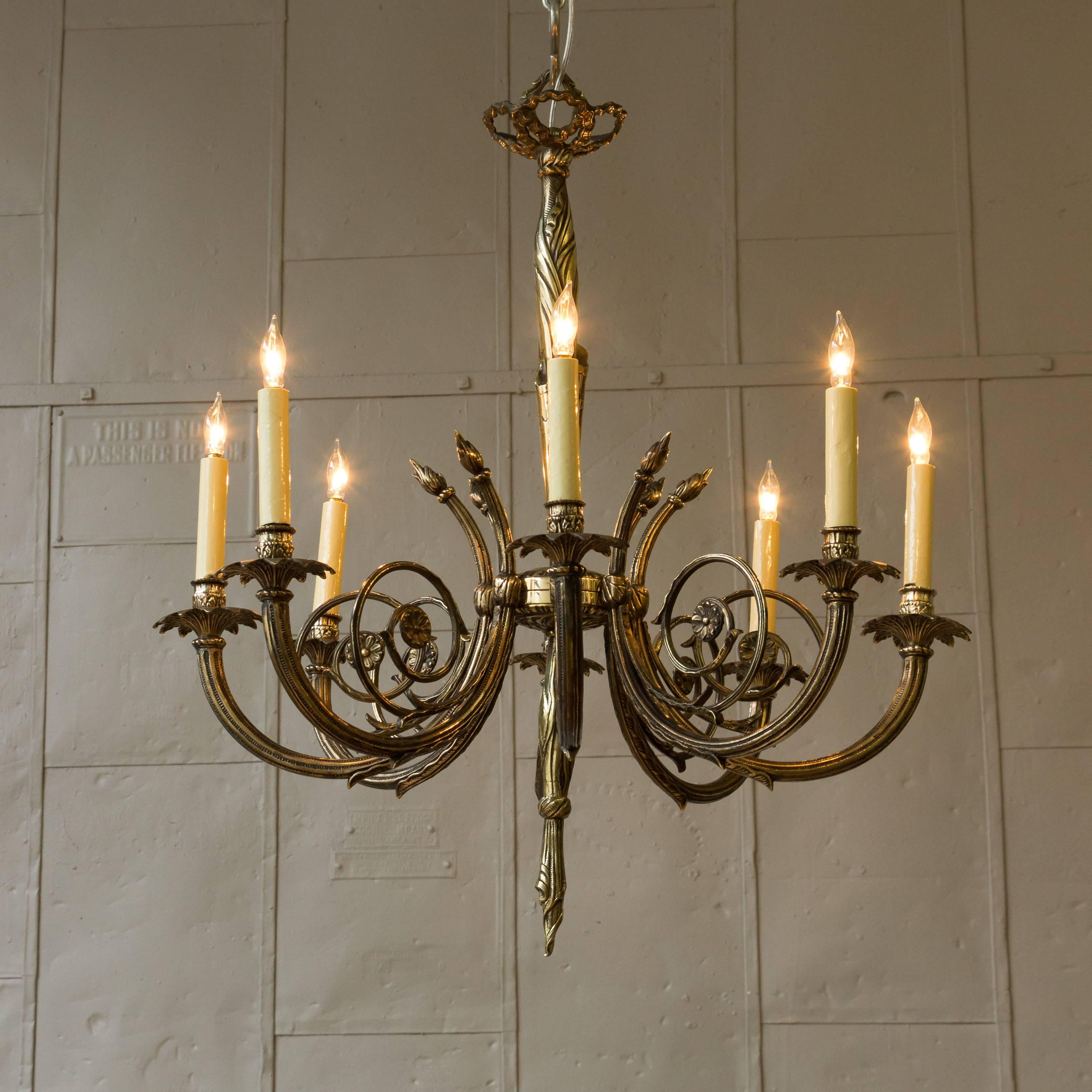 French Art Deco Style Brass and Bronze Eight-Arm Chandelier For Sale 5
