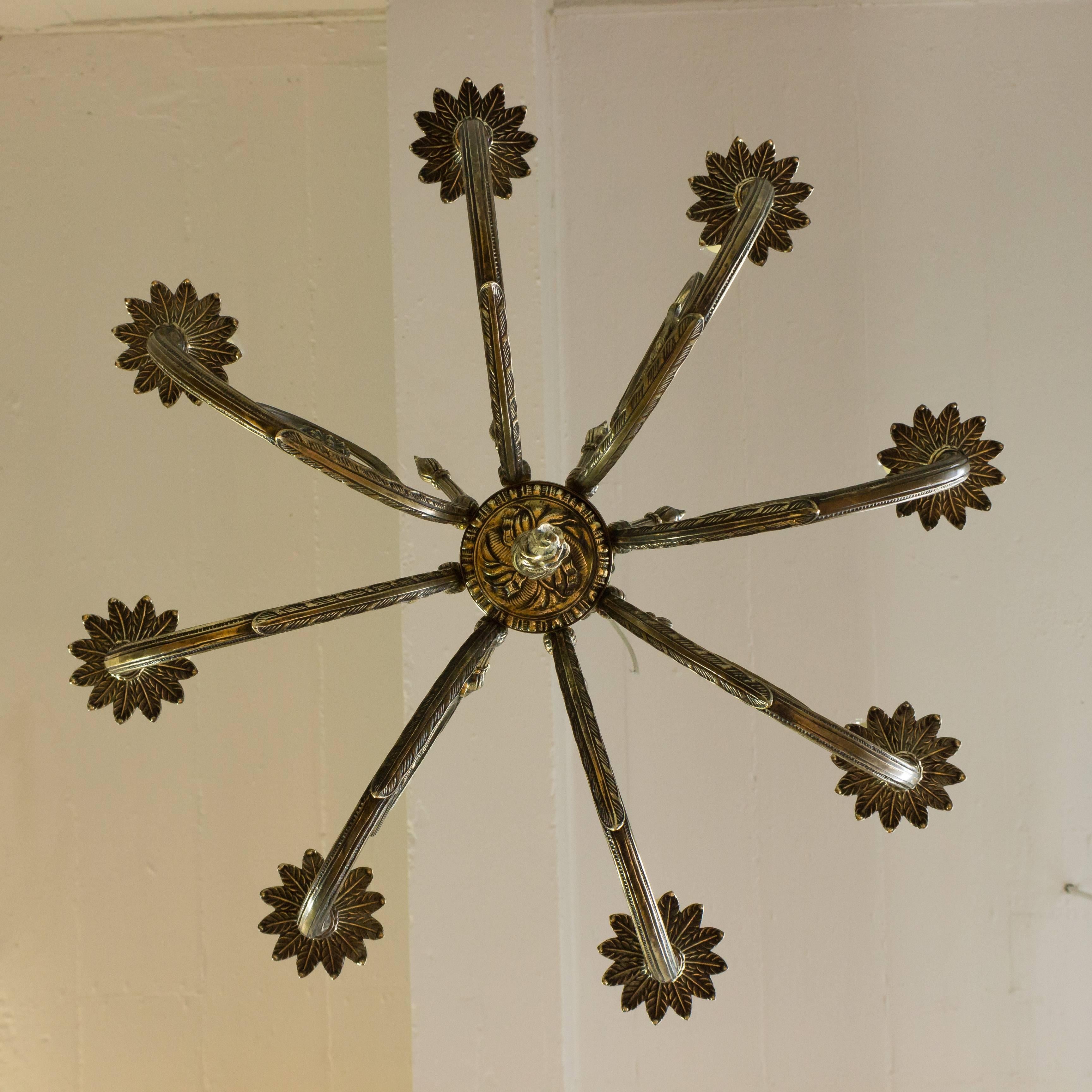 French Art Deco Style Brass and Bronze Eight-Arm Chandelier In Good Condition For Sale In Buchanan, NY