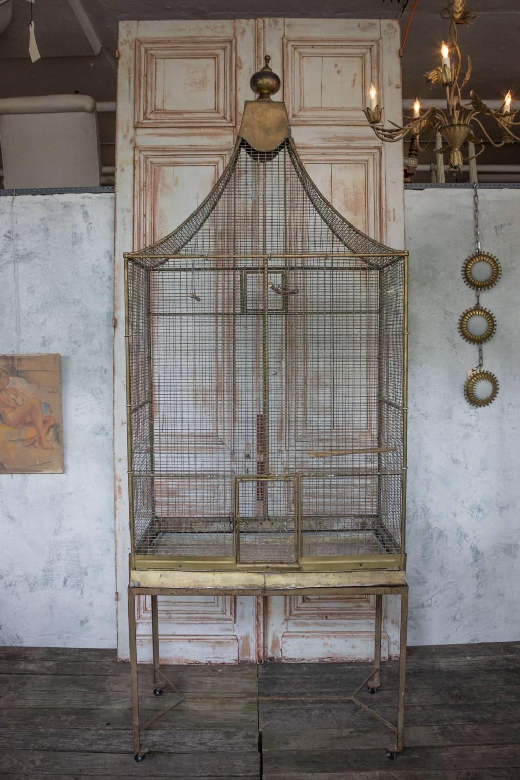 Very large 1900s, French gilt iron bird cage on metal base.