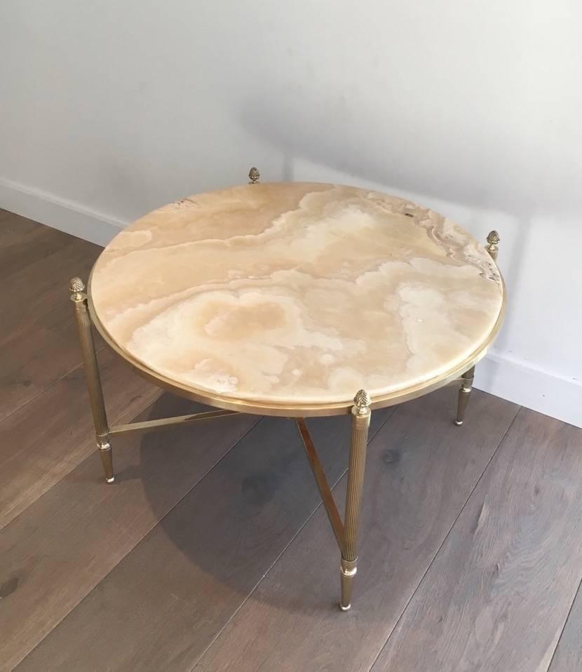 Neoclassical Round Brass Coffee Table with Onyx Top by Maison Bagués, circa 1940