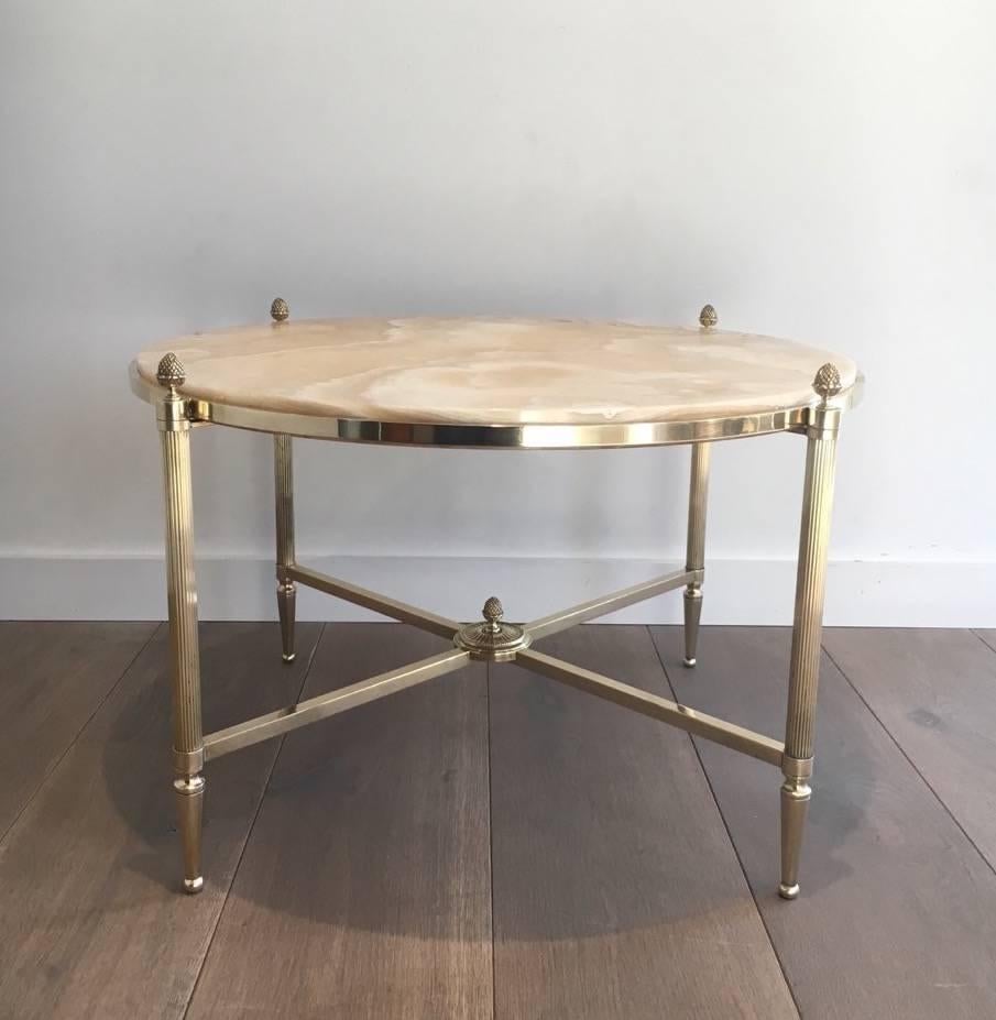 French Round Brass Coffee Table with Onyx Top by Maison Bagués, circa 1940