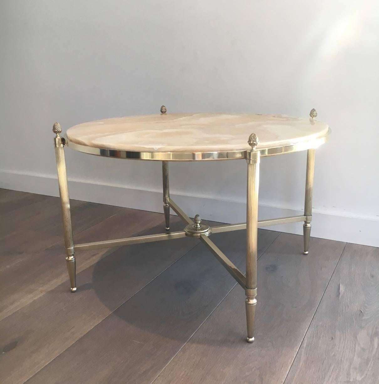 Round Brass Coffee Table with Onyx Top by Maison Bagués, circa 1940 In Good Condition In Buchanan, NY