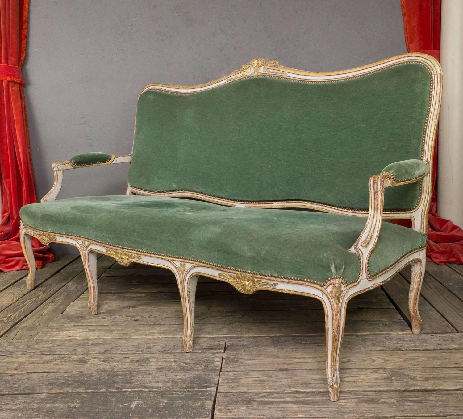 French Louis XV Style Settee in Green Velvet