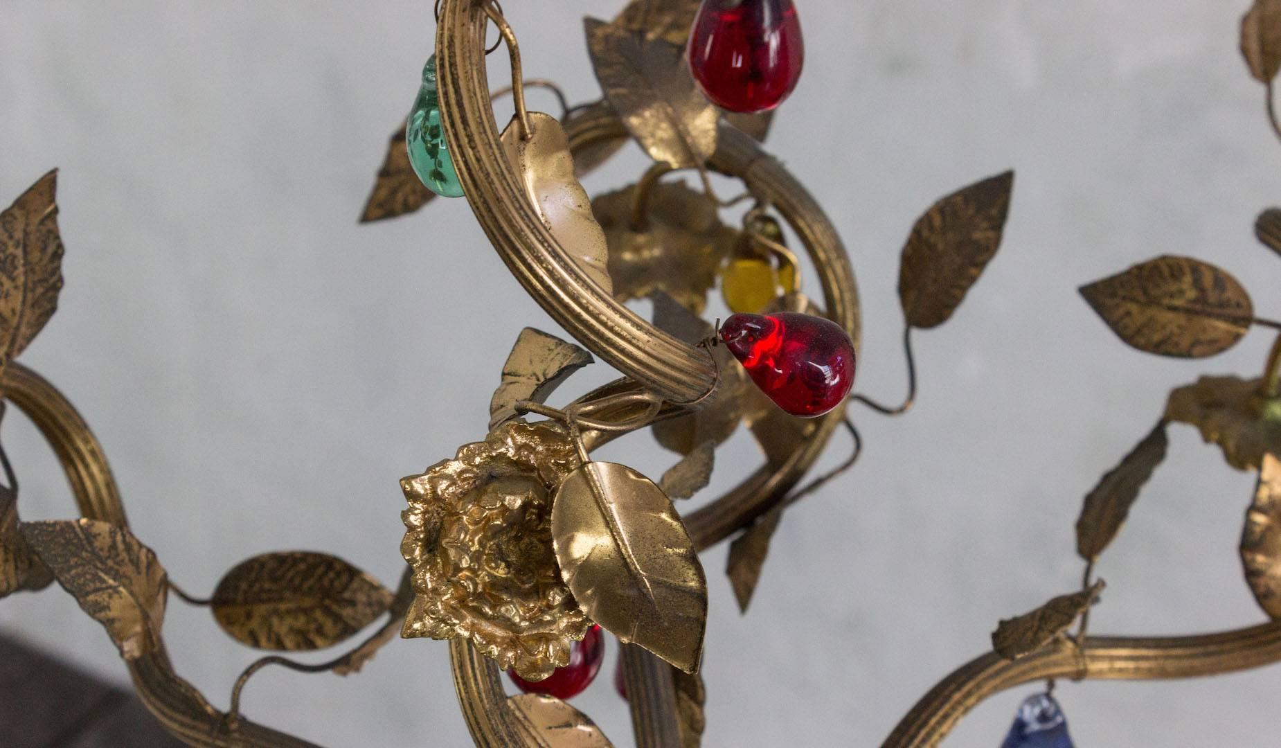 Whimsical Spanish 1960's Six-Armed Gilt Metal Chandelier with Colored Glass In Good Condition For Sale In Buchanan, NY