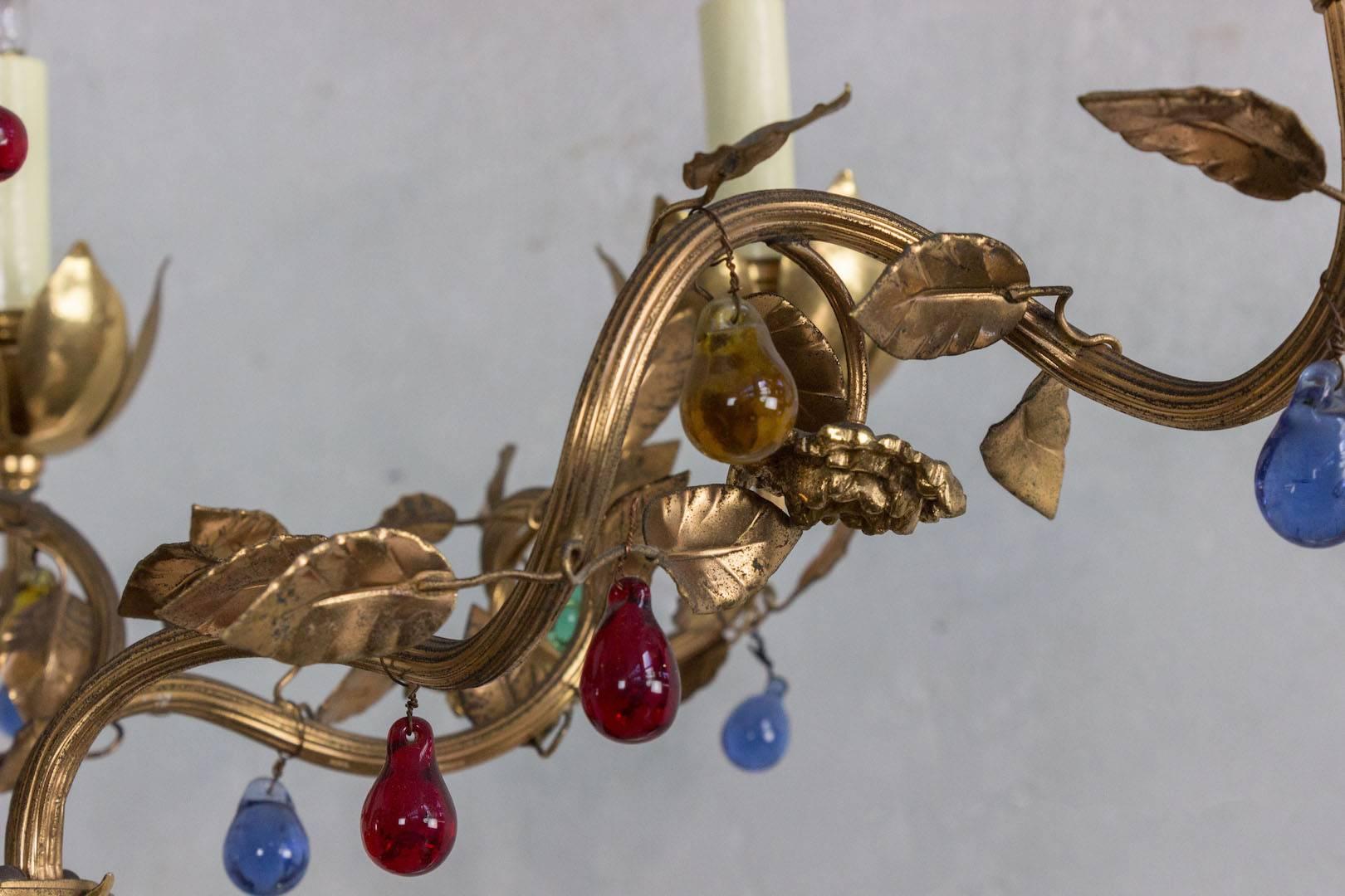 Whimsical Spanish 1960's Six-Armed Gilt Metal Chandelier with Colored Glass For Sale 1