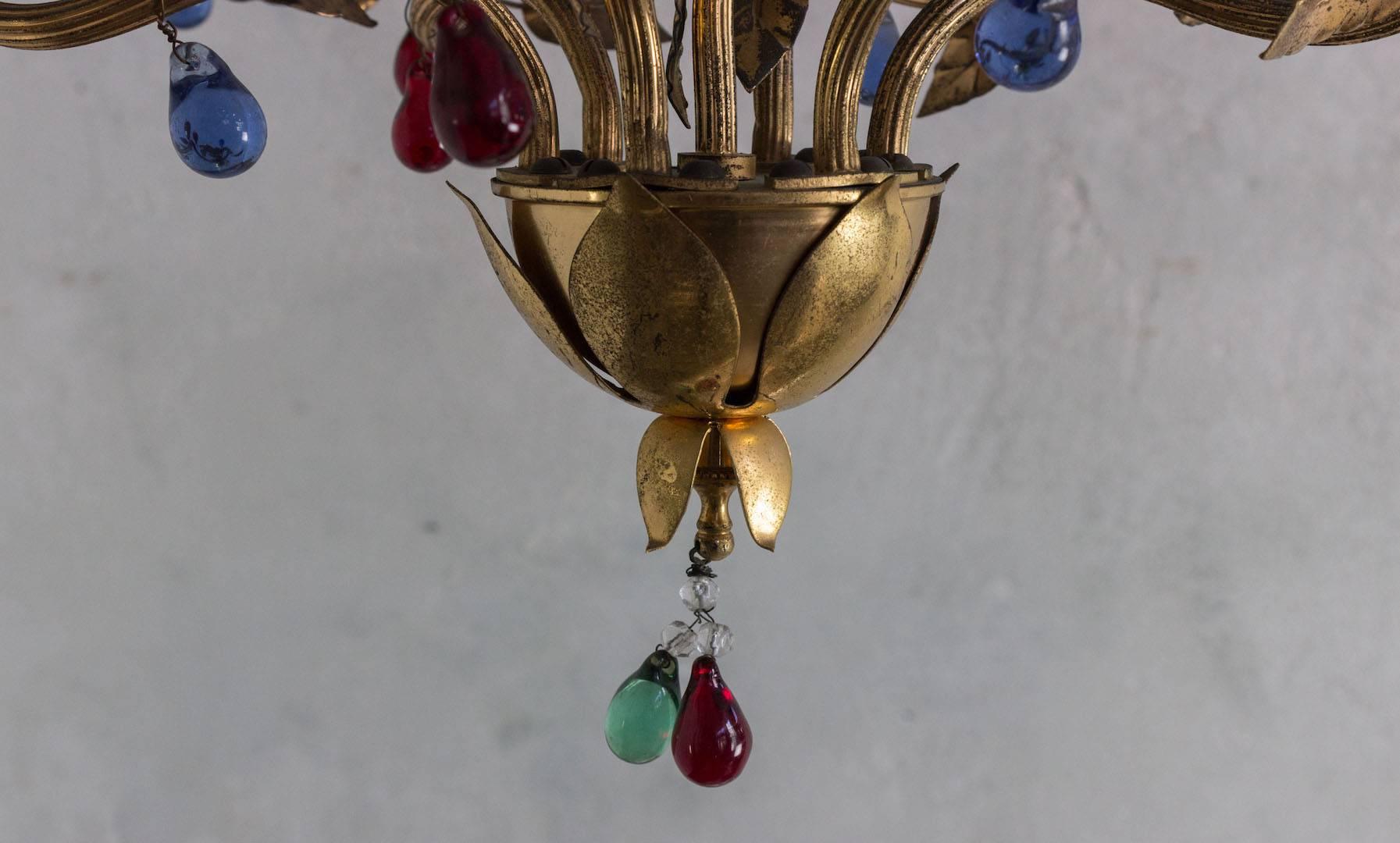 Whimsical Spanish 1960's Six-Armed Gilt Metal Chandelier with Colored Glass For Sale 2