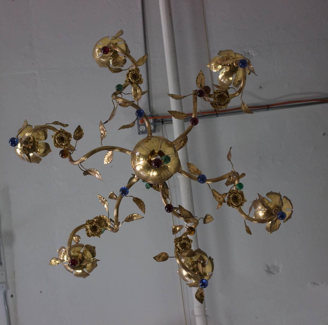 Whimsical Spanish 1960's Six-Armed Gilt Metal Chandelier with Colored Glass For Sale 3