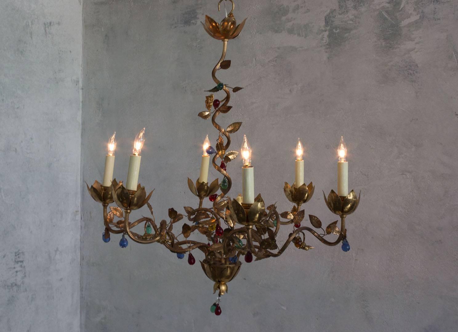 Whimsical Spanish 1960's Six-Armed Gilt Metal Chandelier with Colored Glass For Sale 4