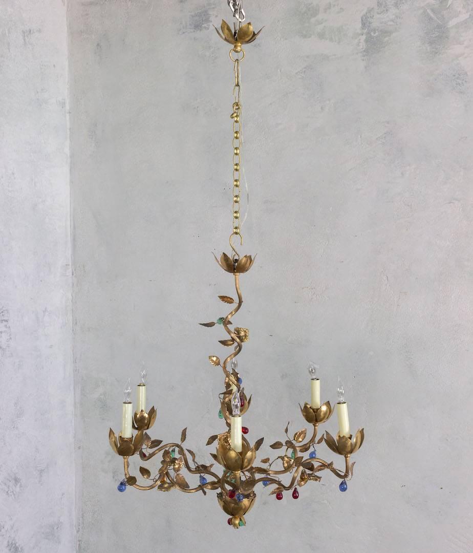 Whimsical Spanish 1960's Six-Armed Gilt Metal Chandelier with Colored Glass For Sale 5