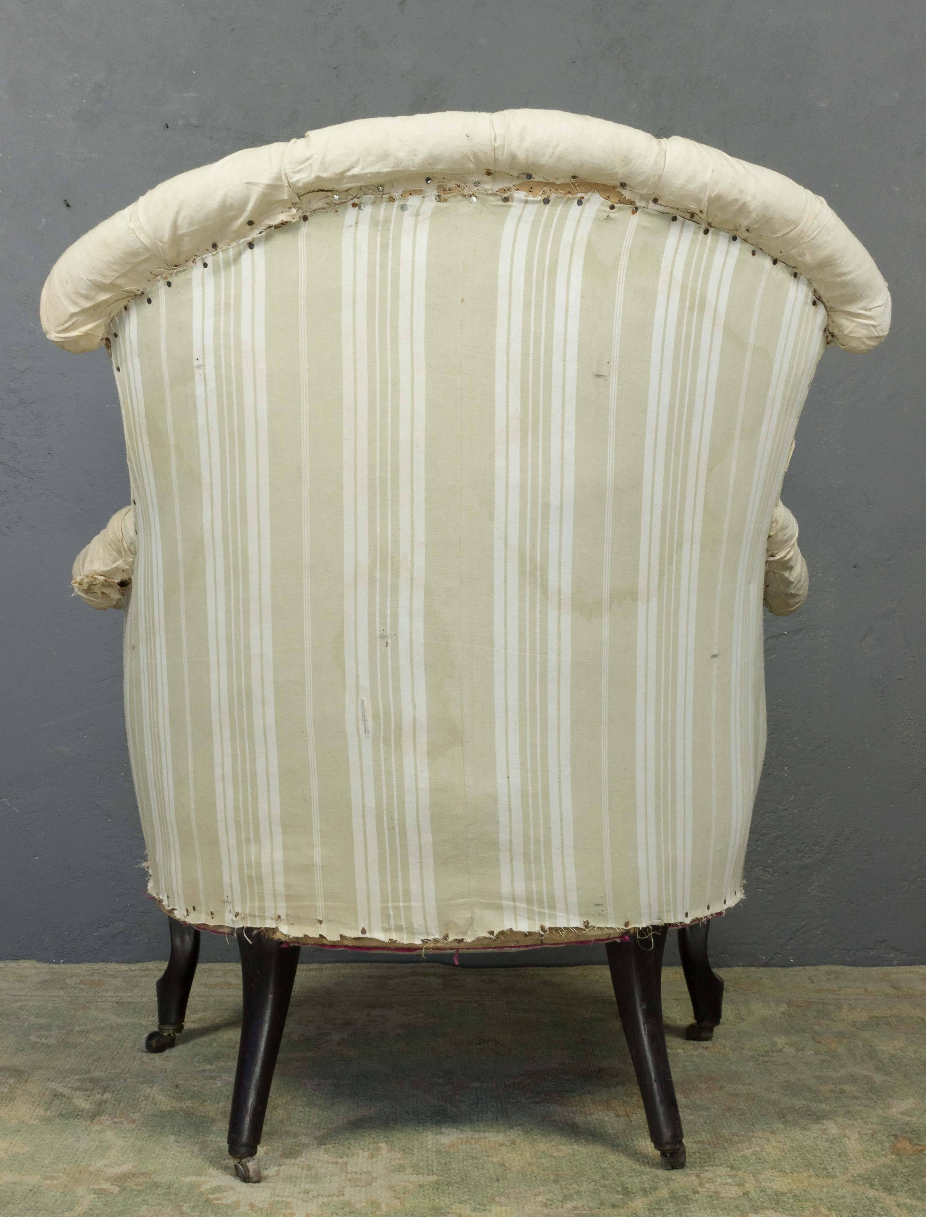 Pair of French 19th C Tufted Armchairs in Muslin For Sale 1