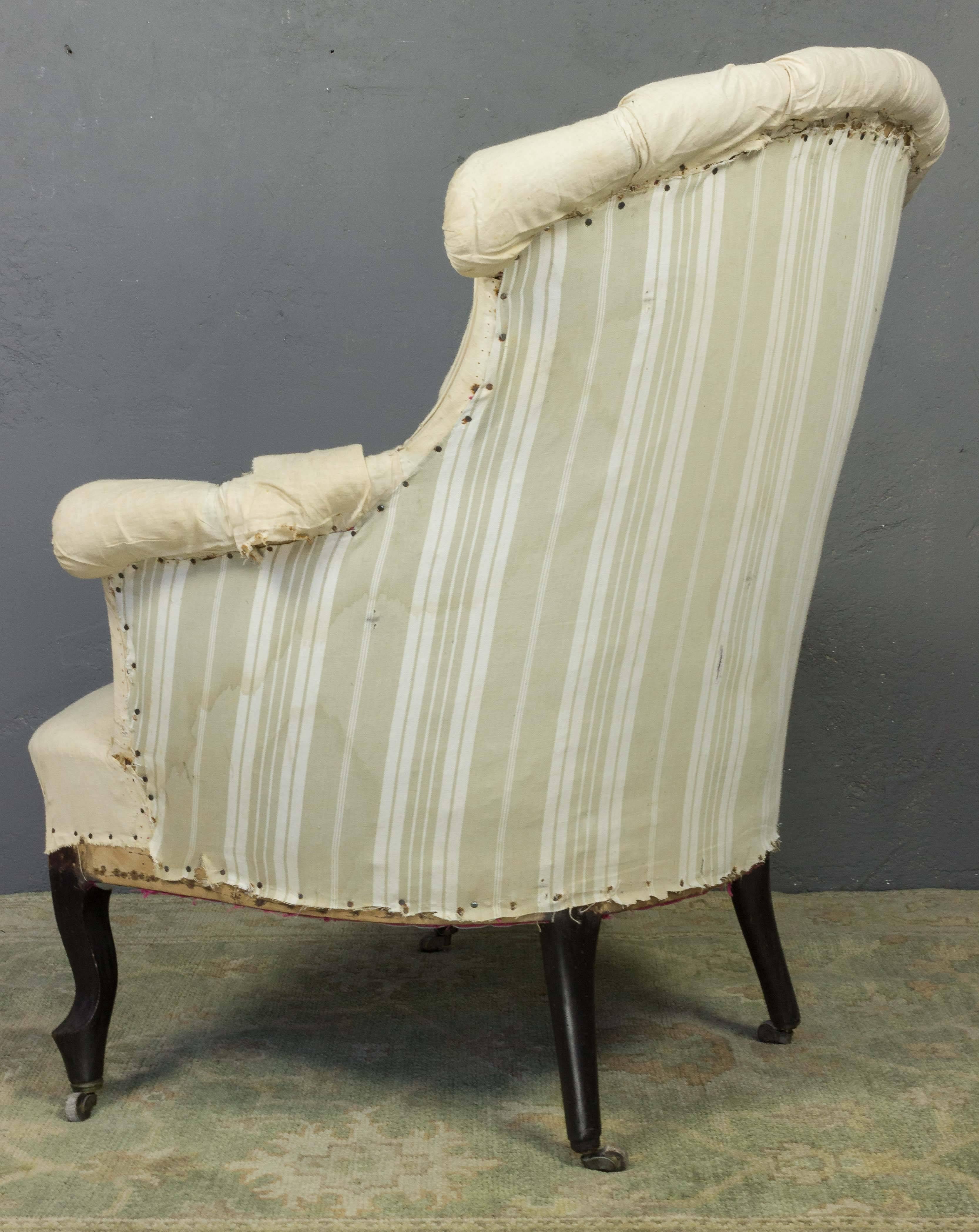 Pair of French 19th C Tufted Armchairs in Muslin For Sale 2