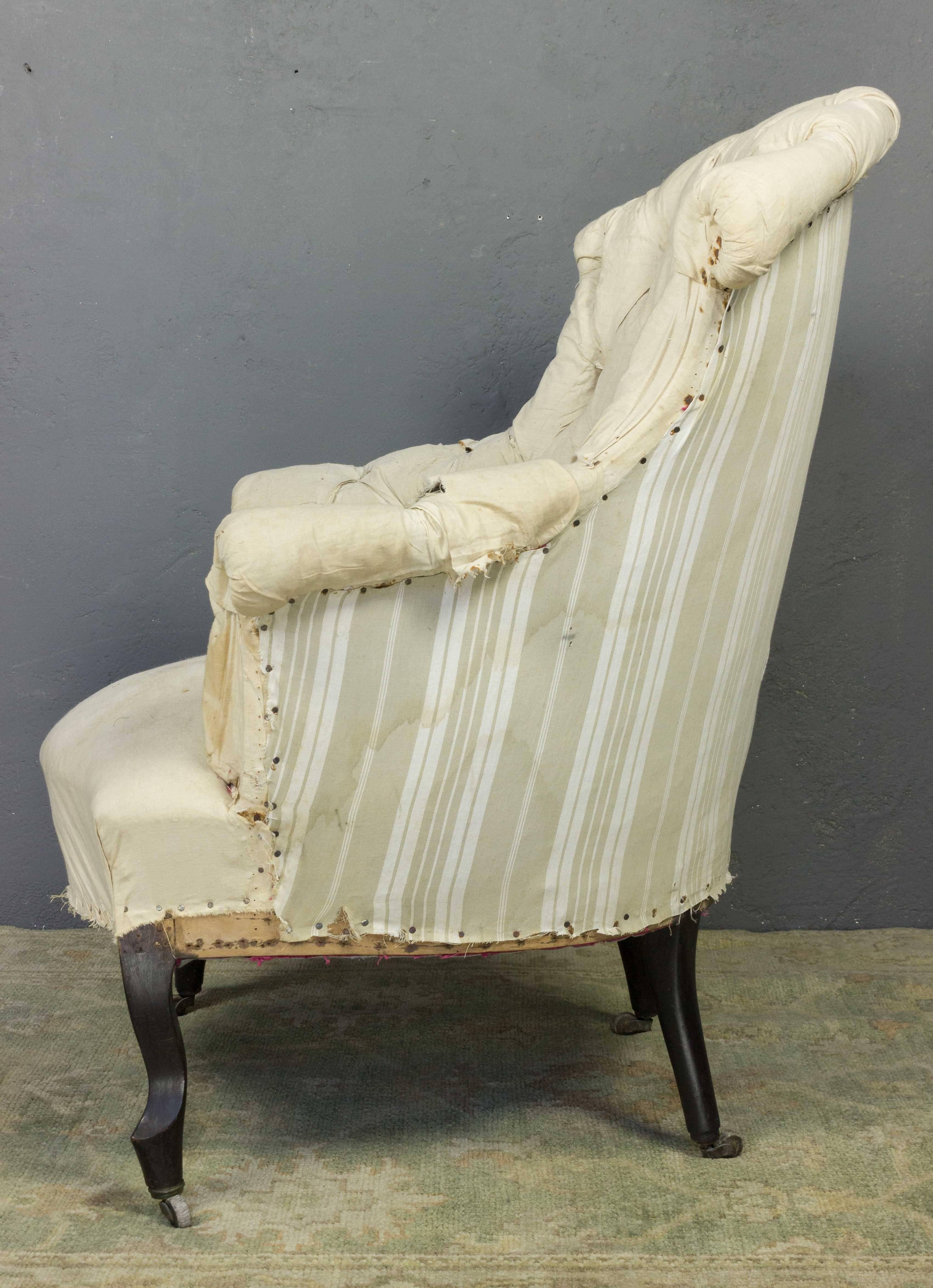 Pair of French 19th C Tufted Armchairs in Muslin For Sale 3