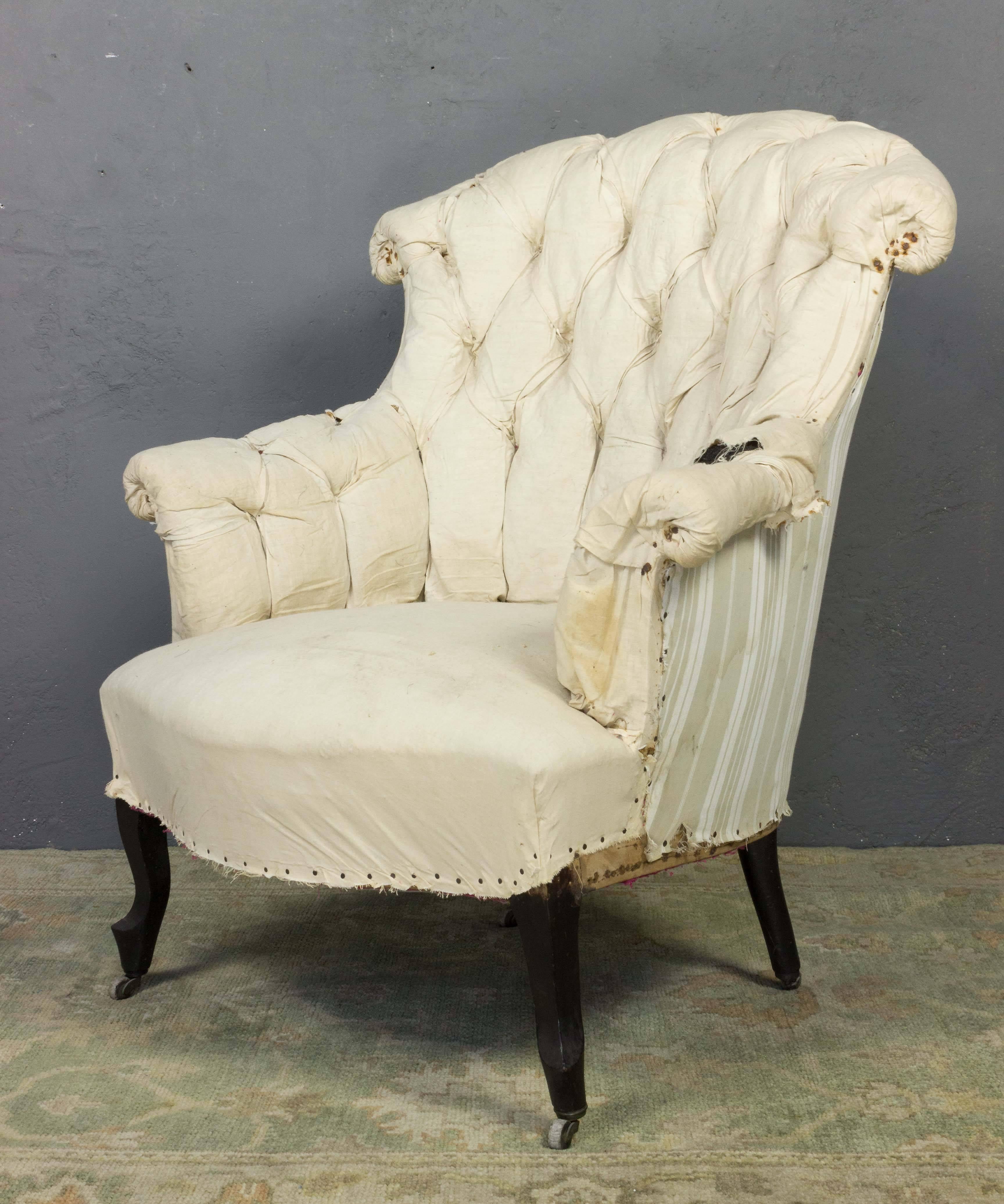 Pair of French 19th C Tufted Armchairs in Muslin For Sale 4