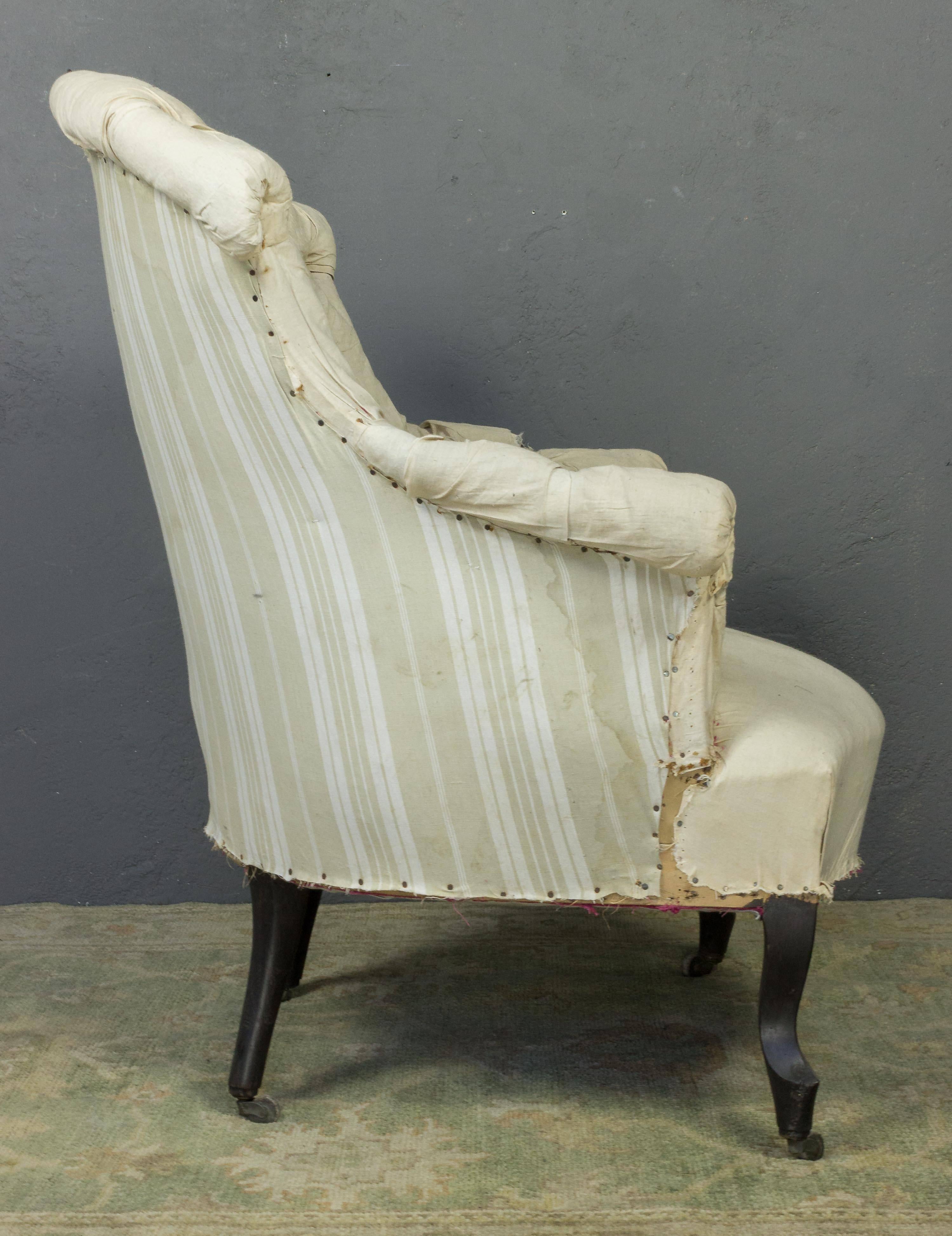 19th Century Pair of French 19th C Tufted Armchairs in Muslin For Sale