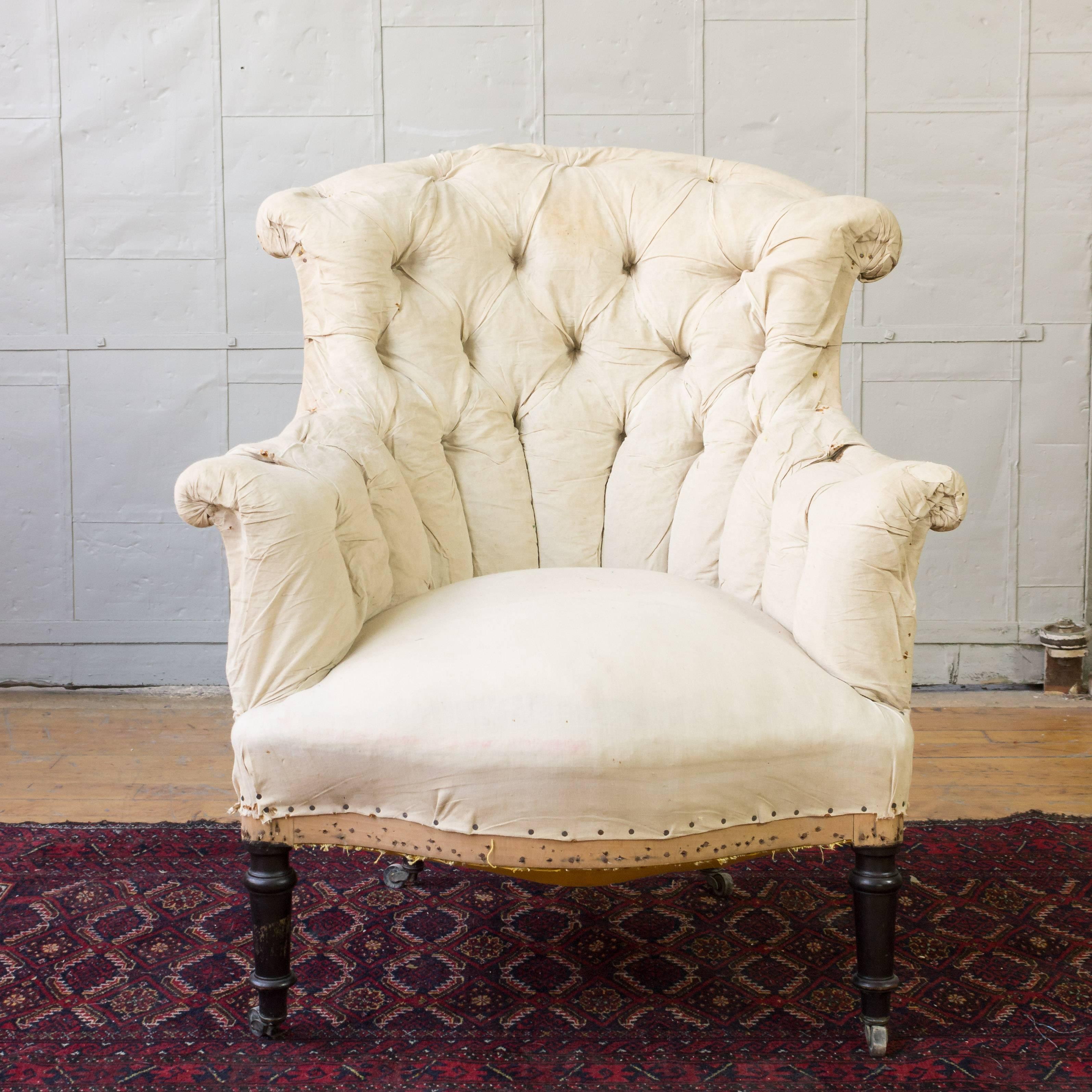 Napoleon III Pair of Tufted and Scroll Back Armchairs