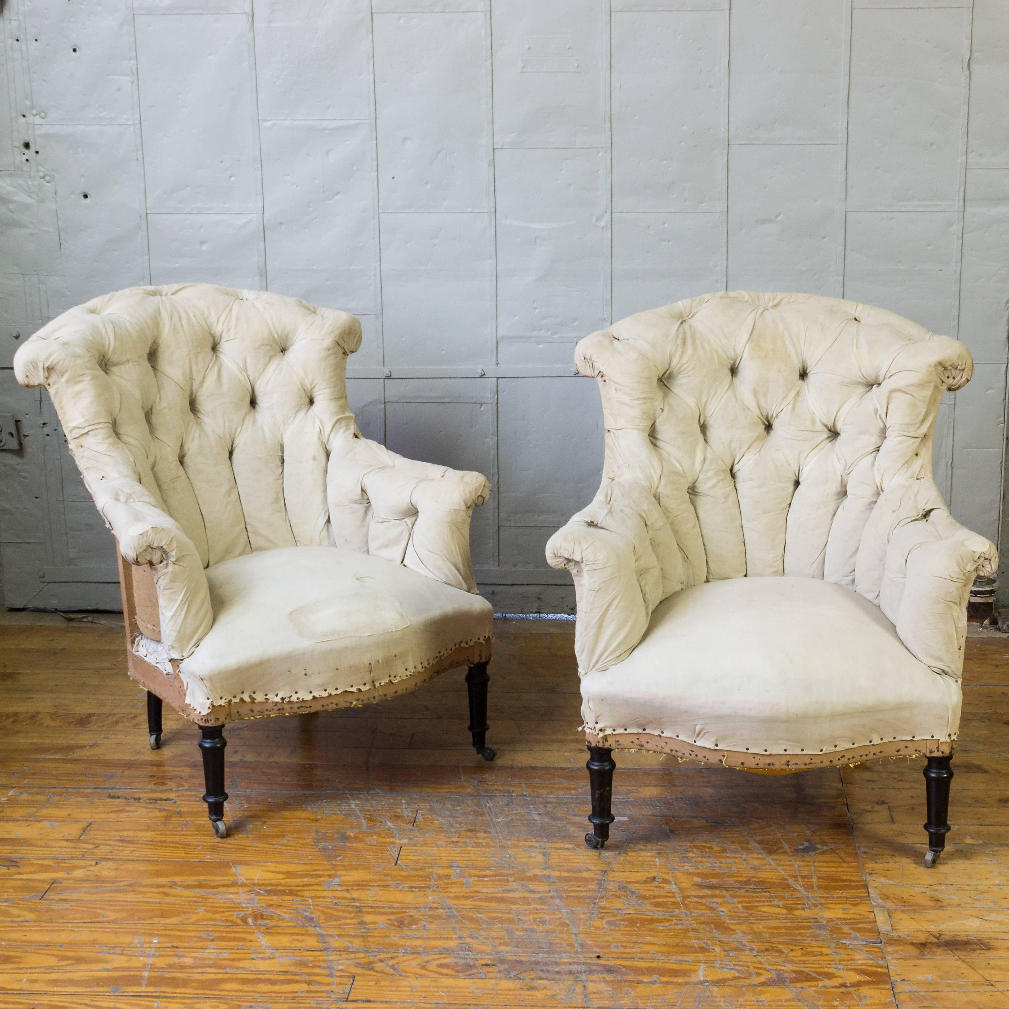 Pair of French 19th century. Napoleon III tufted round and scroll back armchairs in Muslin. Please contact for upholstery option.
