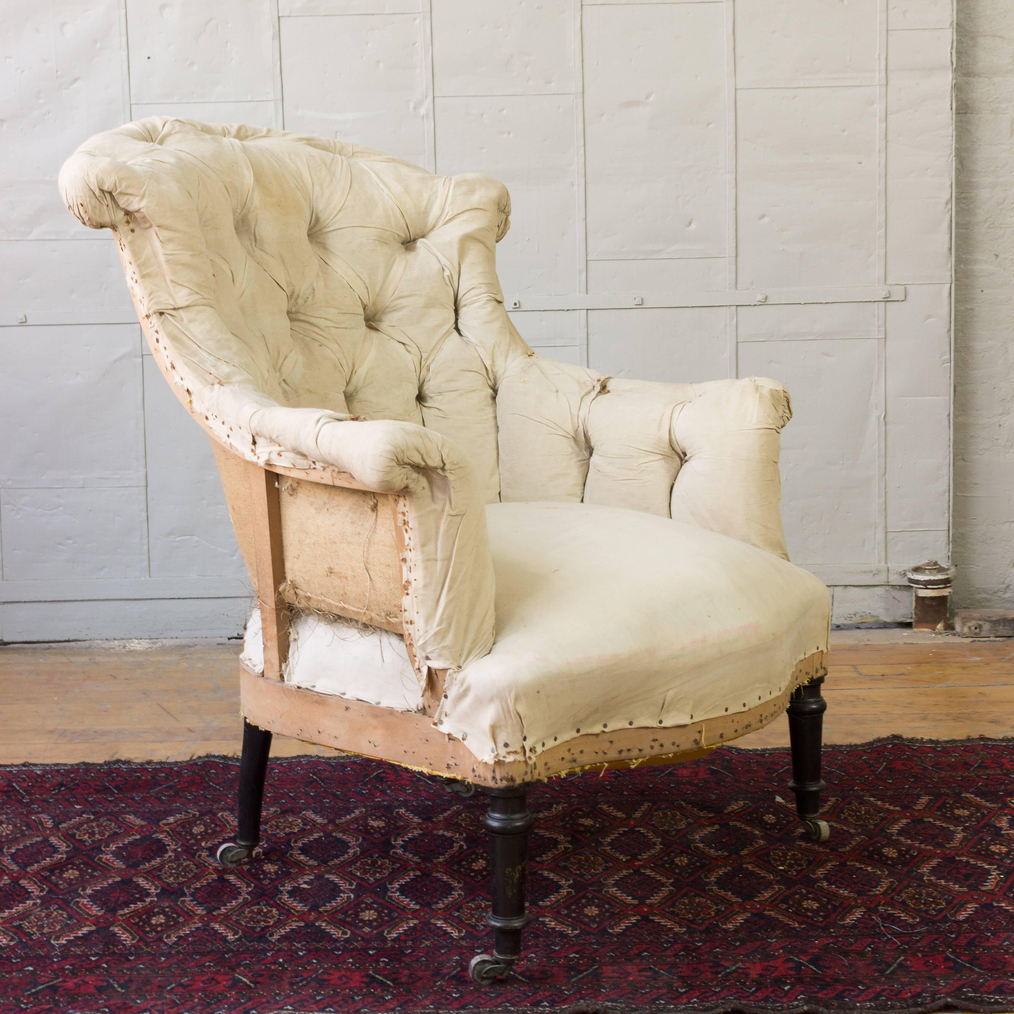 French Pair of Tufted and Scroll Back Armchairs