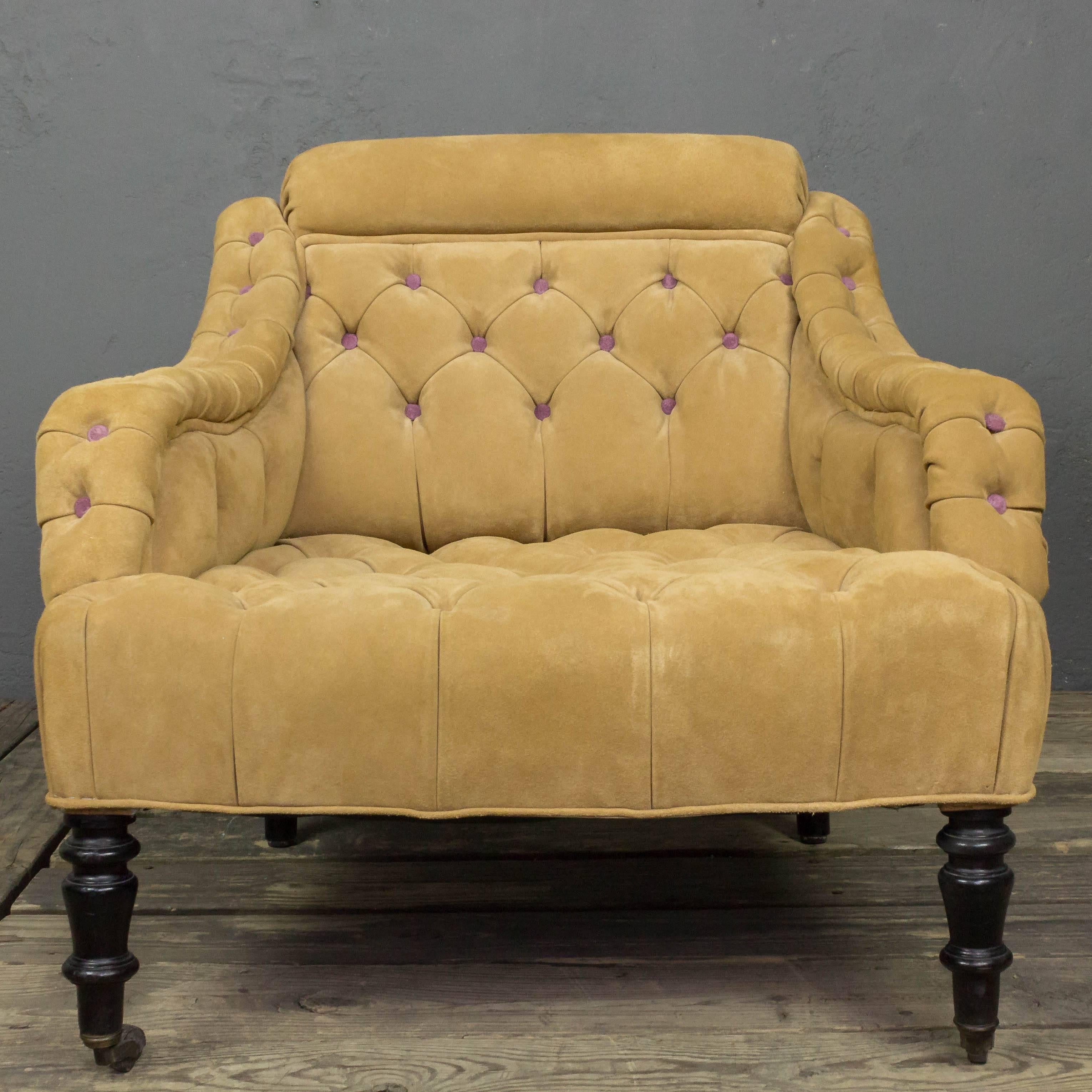 French 19th Century Tufted Suede Armchair For Sale