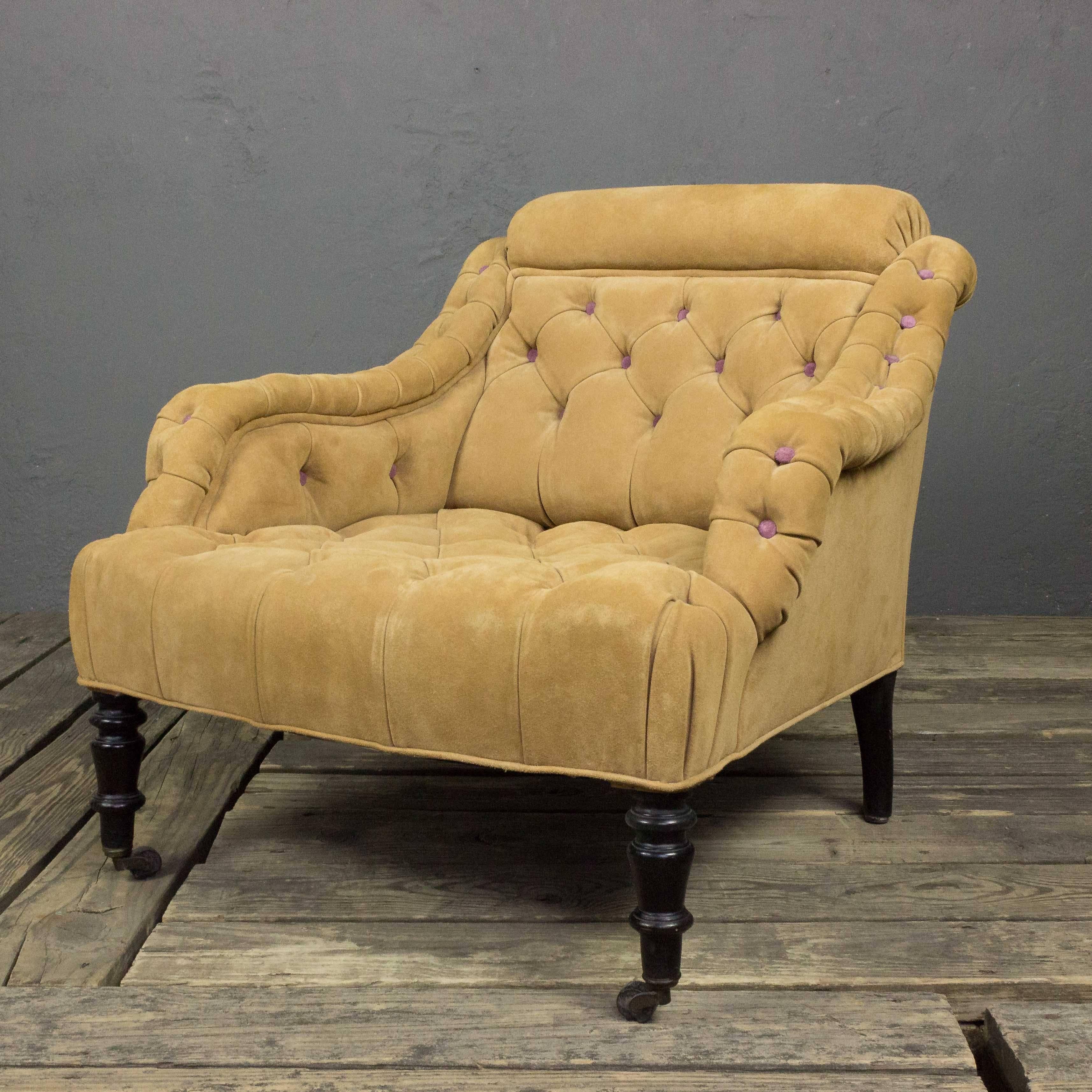 19th Century Tufted Suede Armchair In Good Condition For Sale In Buchanan, NY