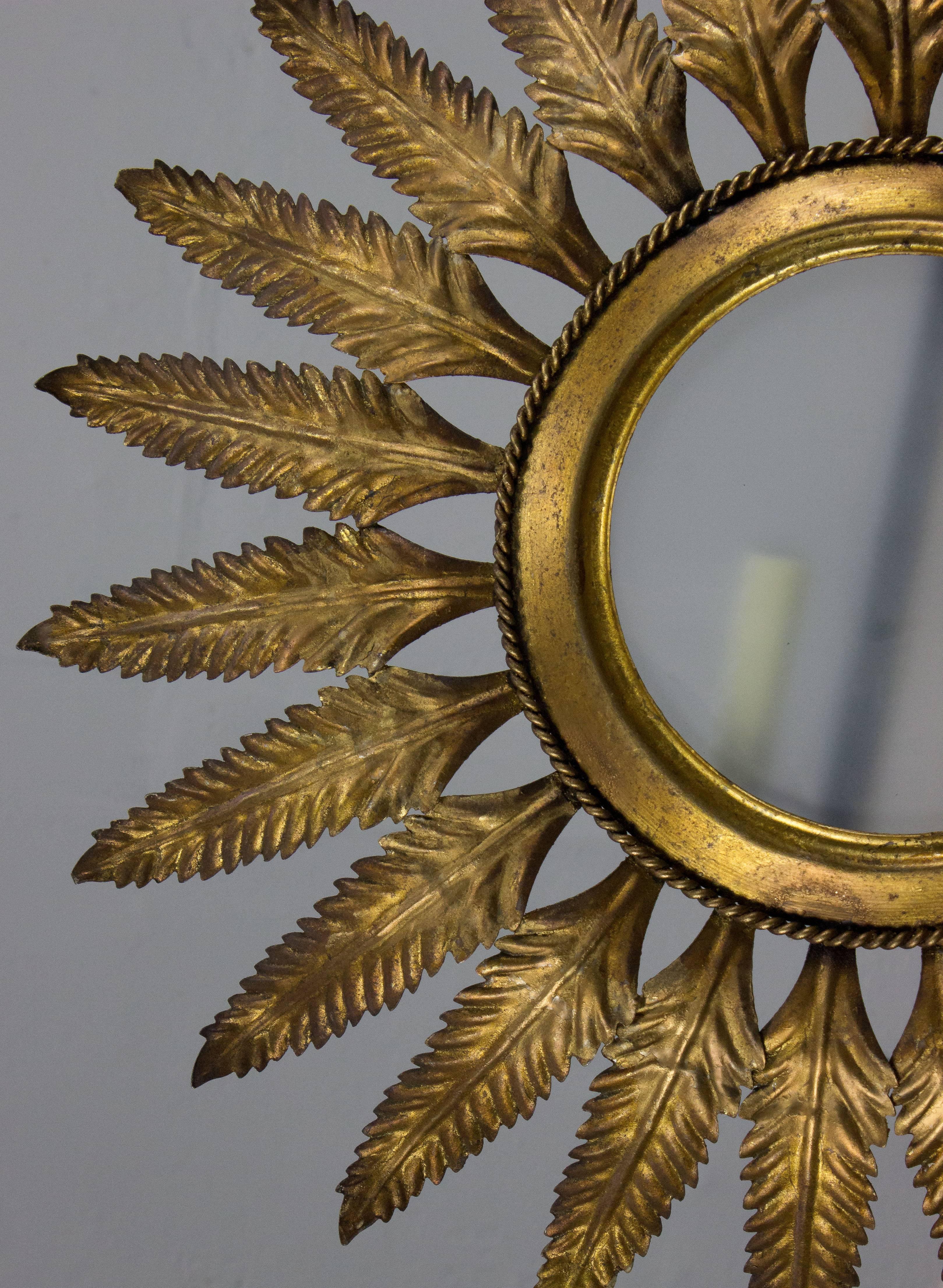 Spanish Gilt Metal Sunburst Flush Mount Ceiling Fixture In Good Condition In Buchanan, NY