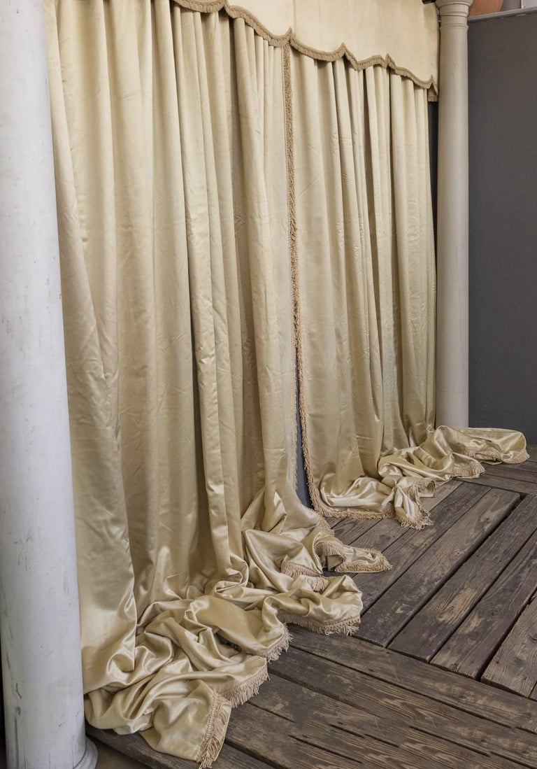 Very Large Pair Of Vintage French Beige Satin Drapes With Valance