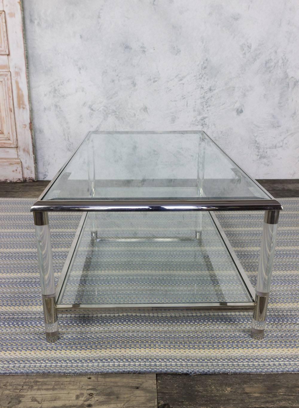 French Mid-Century Modern Rectangular Lucite, Chrome and Glass Coffee Table For Sale