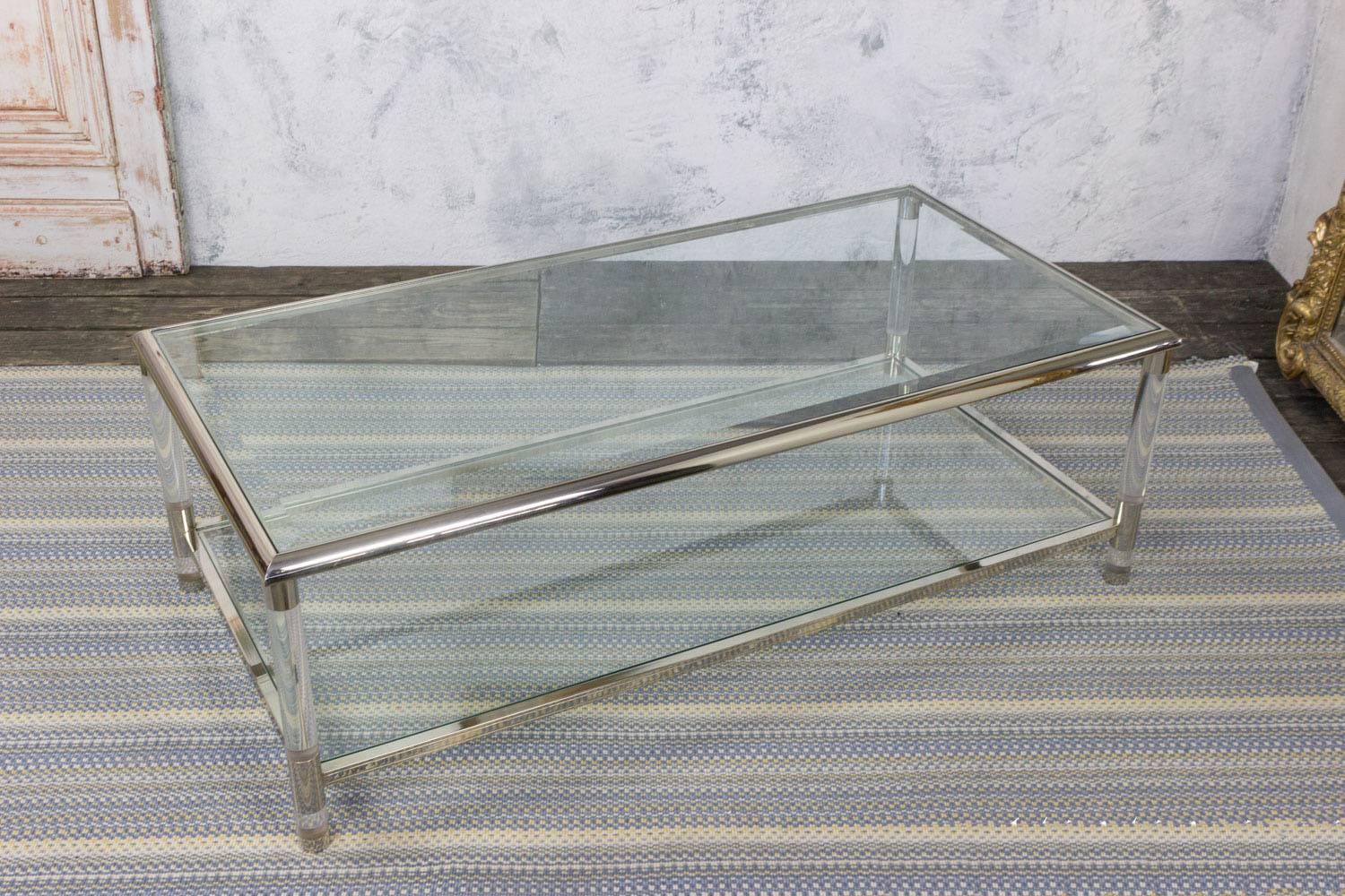 Mid-Century Modern Rectangular Lucite, Chrome and Glass Coffee Table For Sale 2