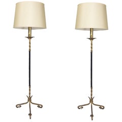 Pair of Spanish Gilt Wrought Iron Floor Lamps with Leather Wrapped Stems