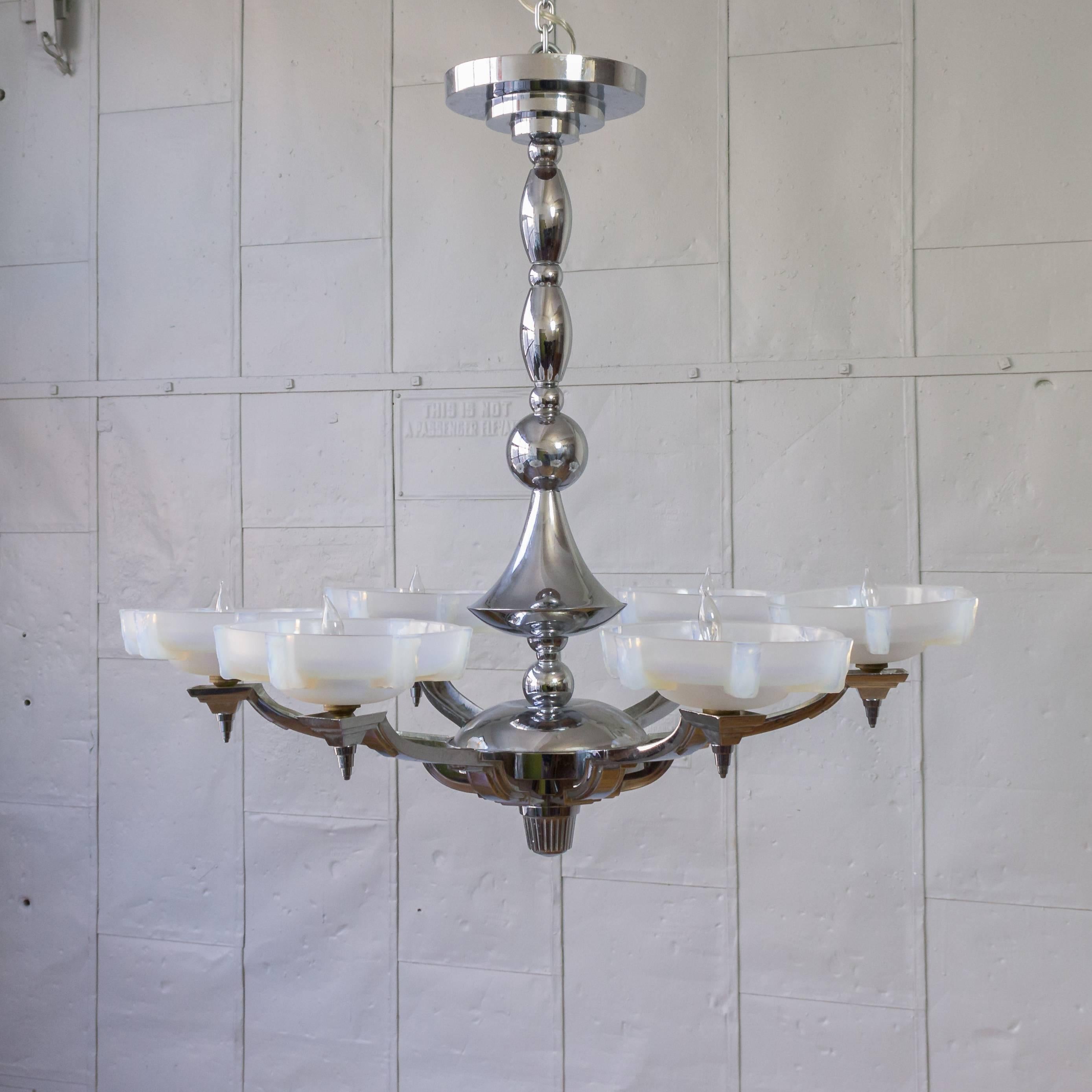 Six arm Art Deco chandelier by Atelier Petitot with nickel plate finish and opaline globes. 