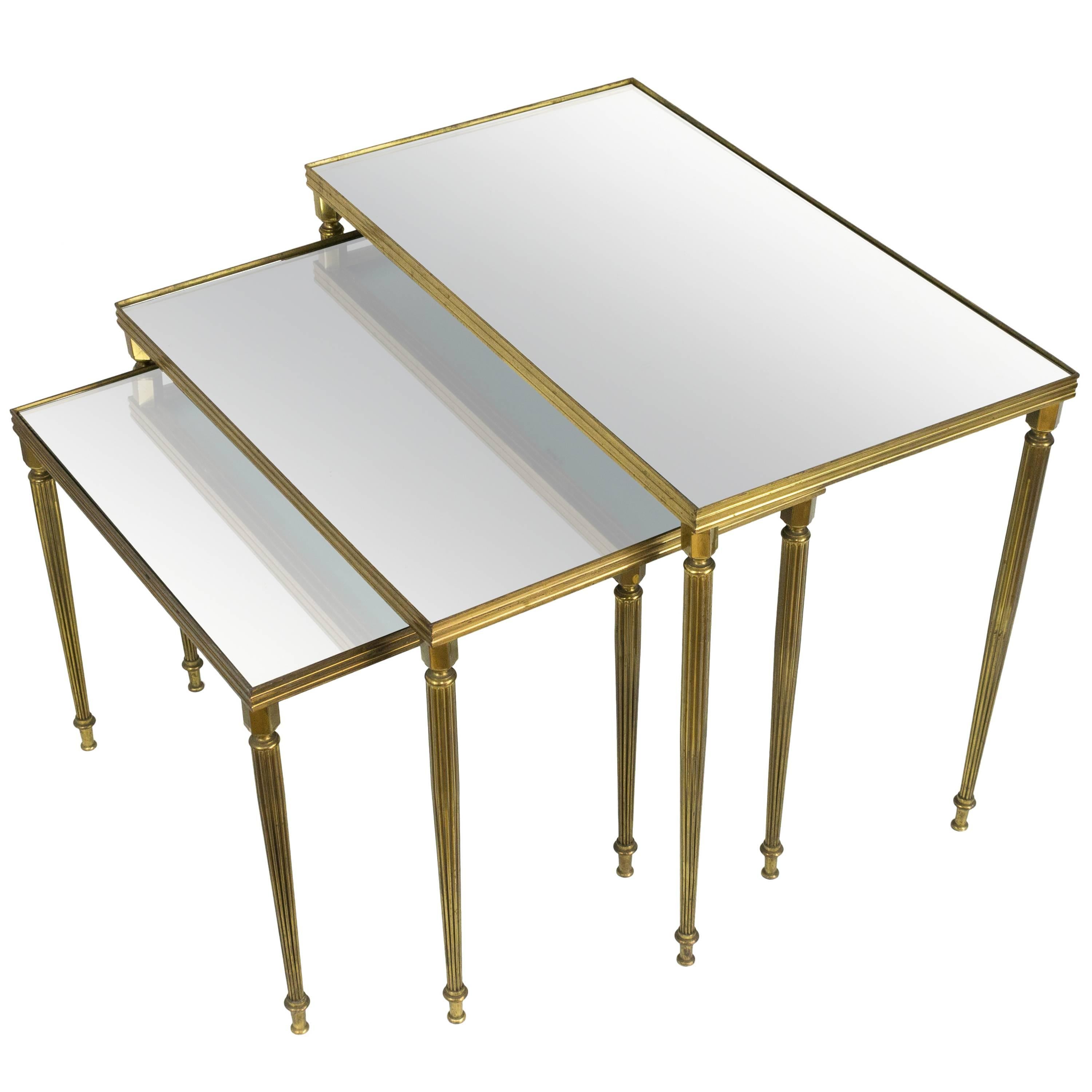 Set of Three Brass Nesting Tables with Mirror Top