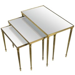 Set of Three Brass Nesting Tables with Mirror Top