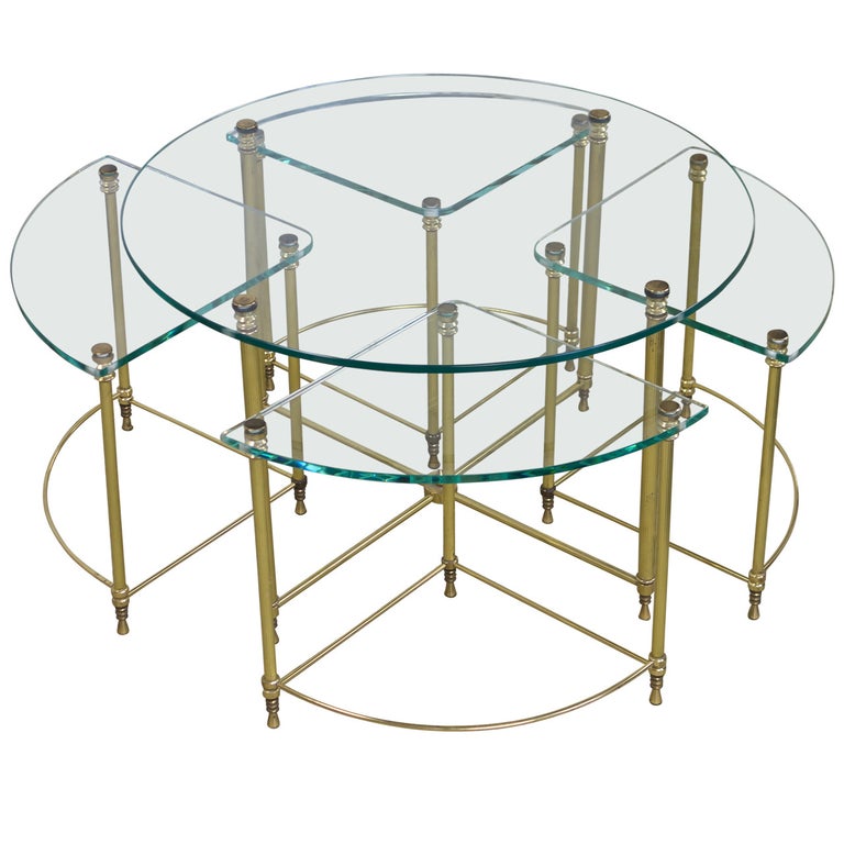 French Modern Brass Coffee Table and Nesting Tables Ensemble with Clear