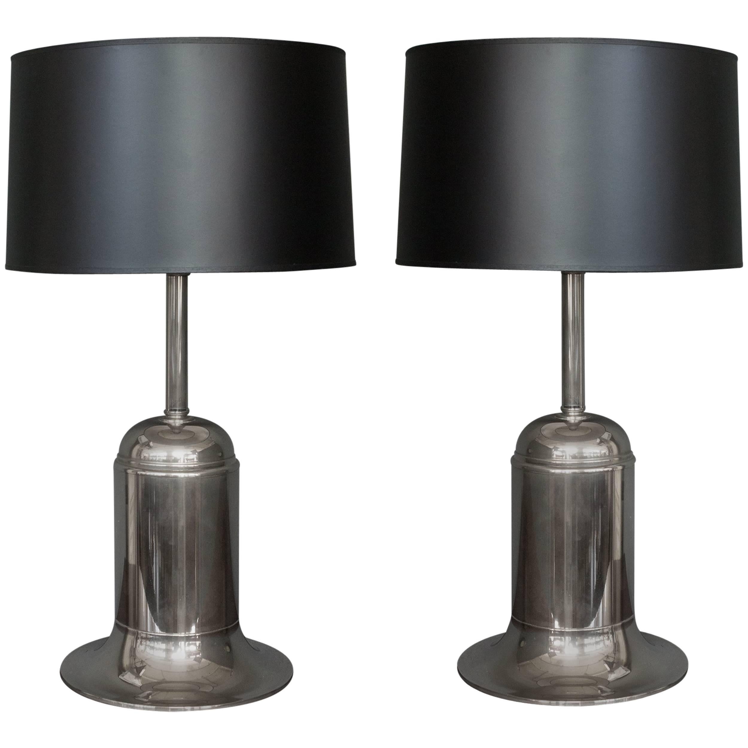 Pair of French Nickel-Plated Metal Modern Lamps