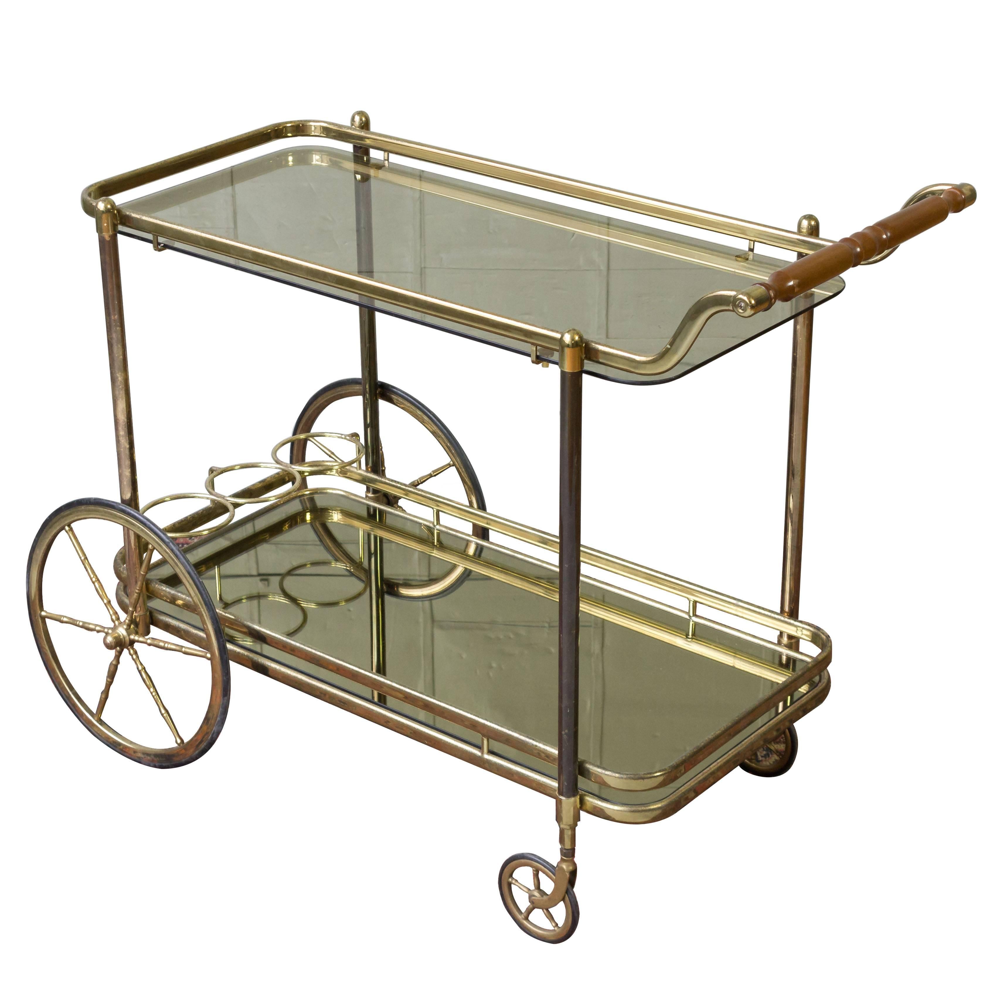 French Brass Bar Cart with Glass Shelves