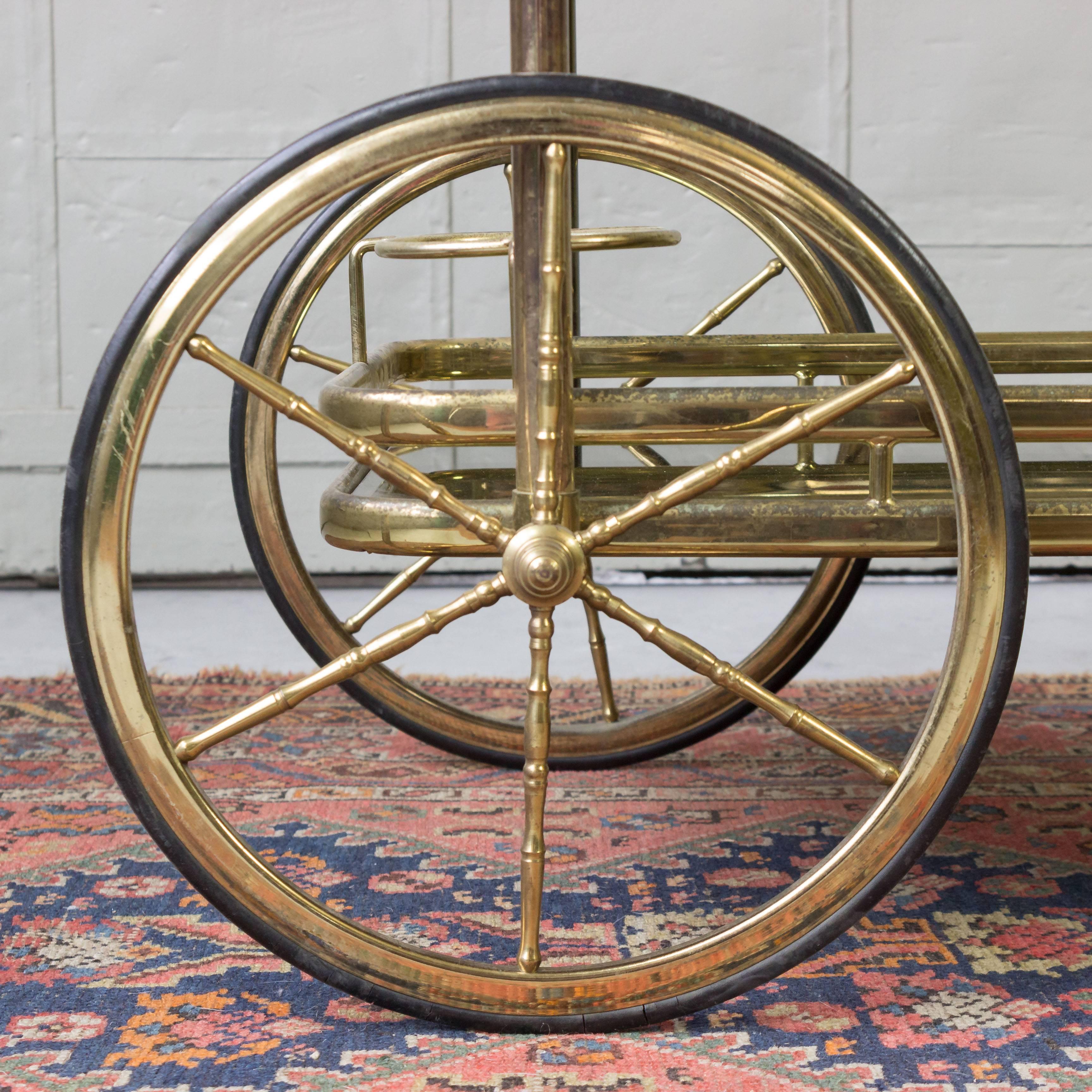 Neoclassical French Brass Bar Cart with Glass Shelves