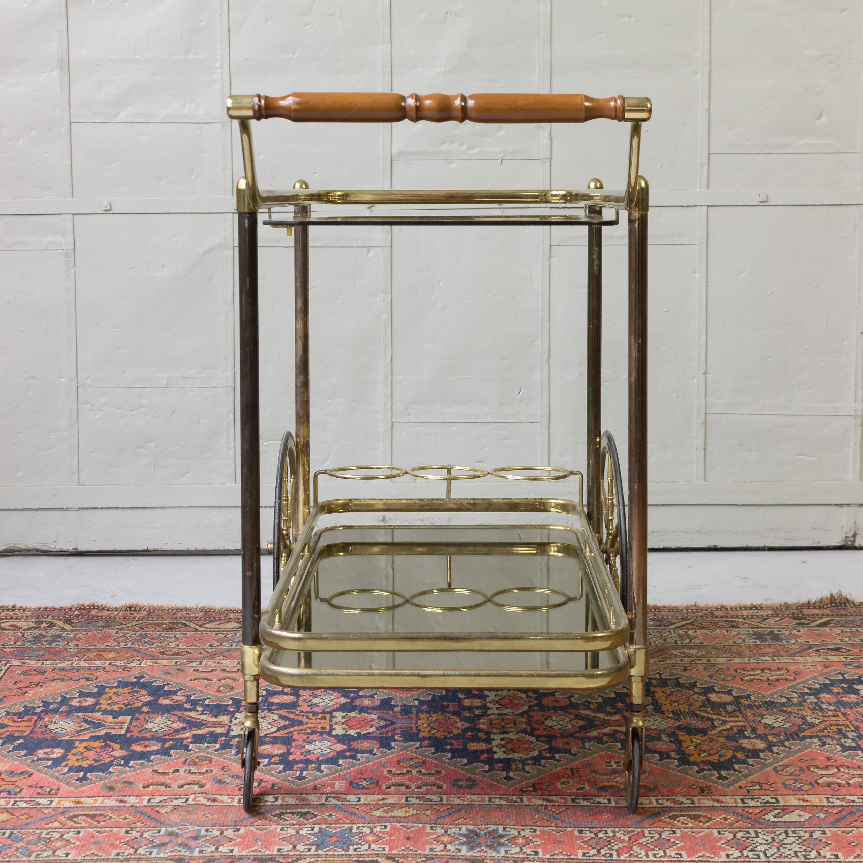 French Brass Bar Cart with Glass Shelves 1