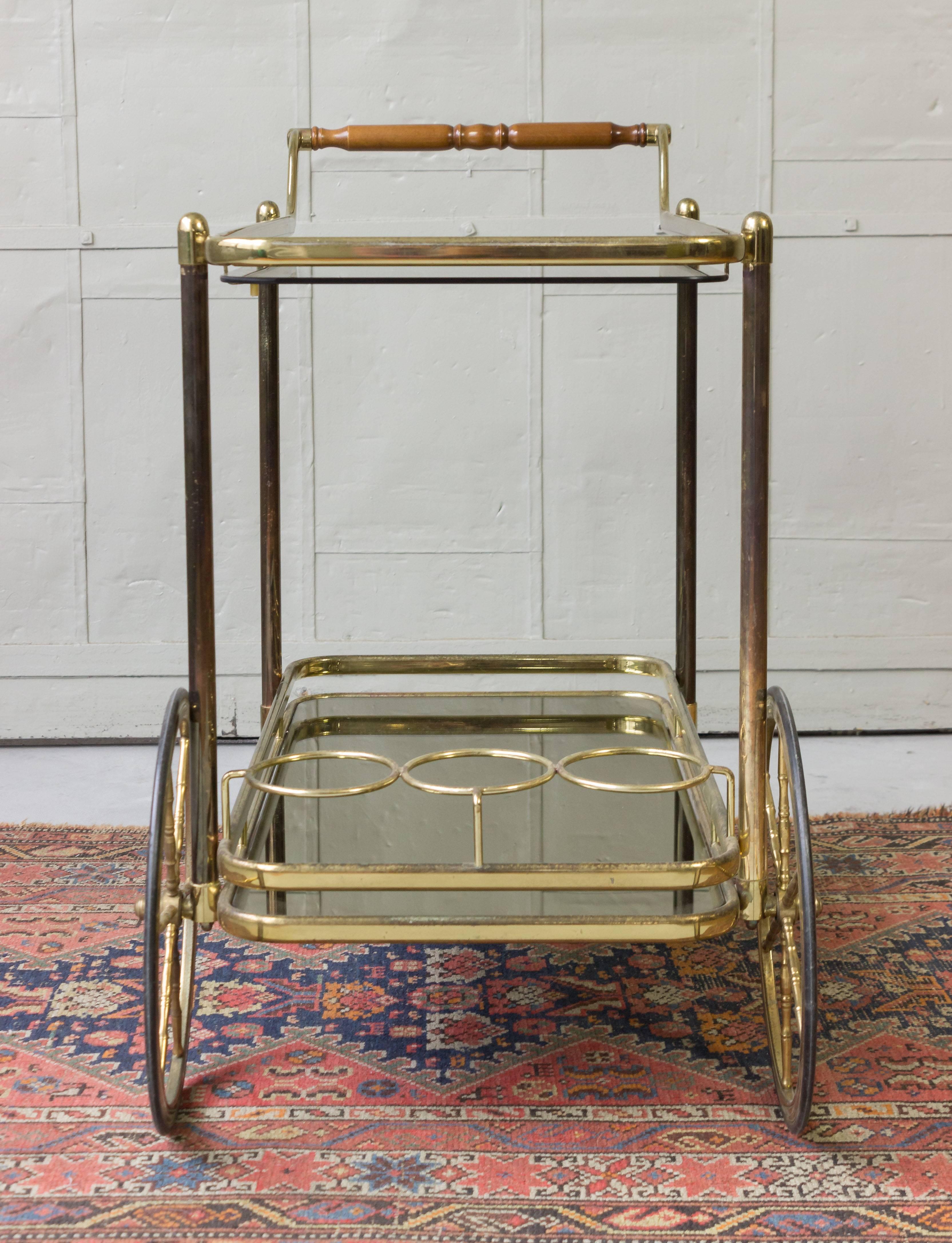 French Brass Bar Cart with Glass Shelves 2