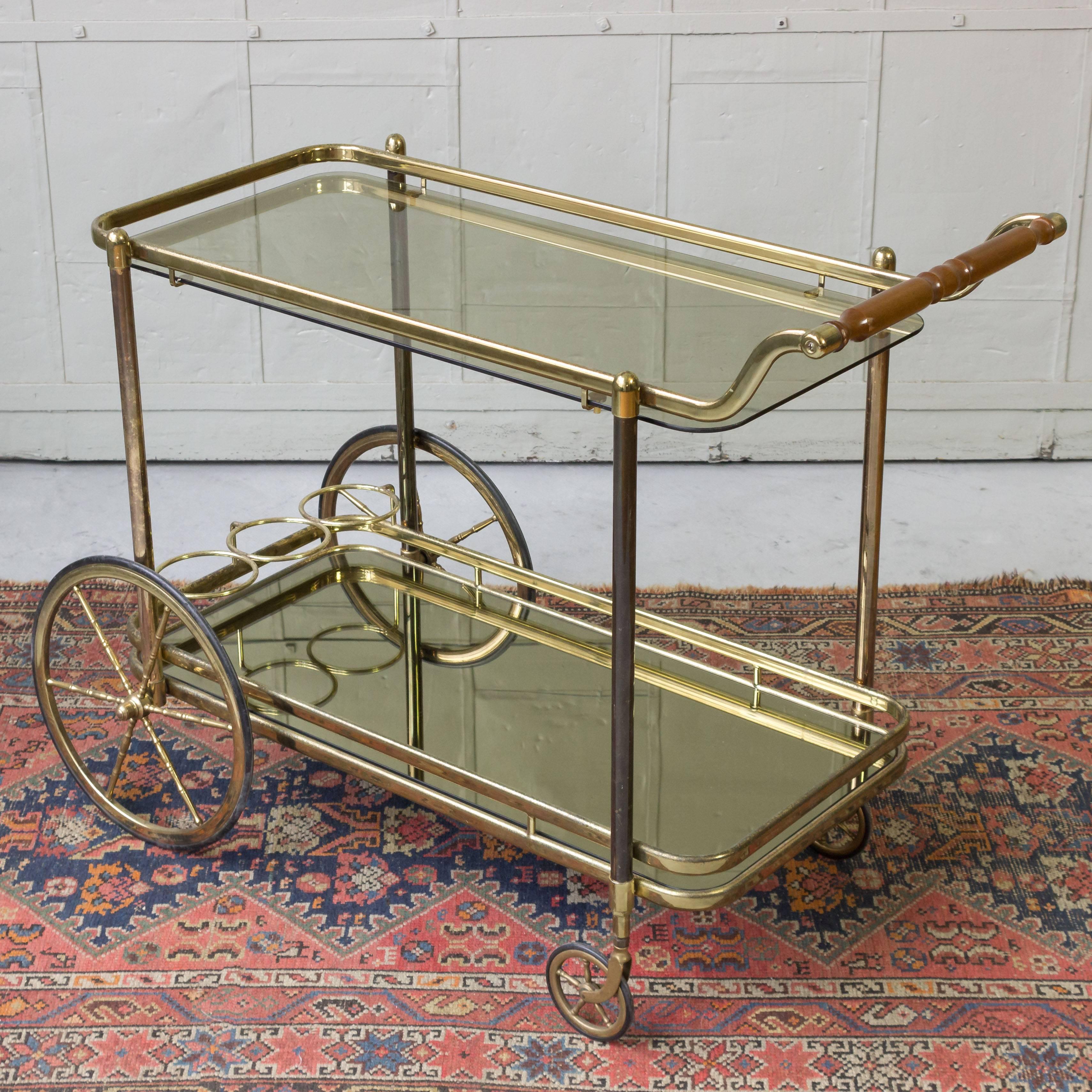 French Brass Bar Cart with Glass Shelves 3