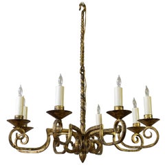 Spanish Gilt Iron Eight-Armed Chandelier with Twisted Metal Stem
