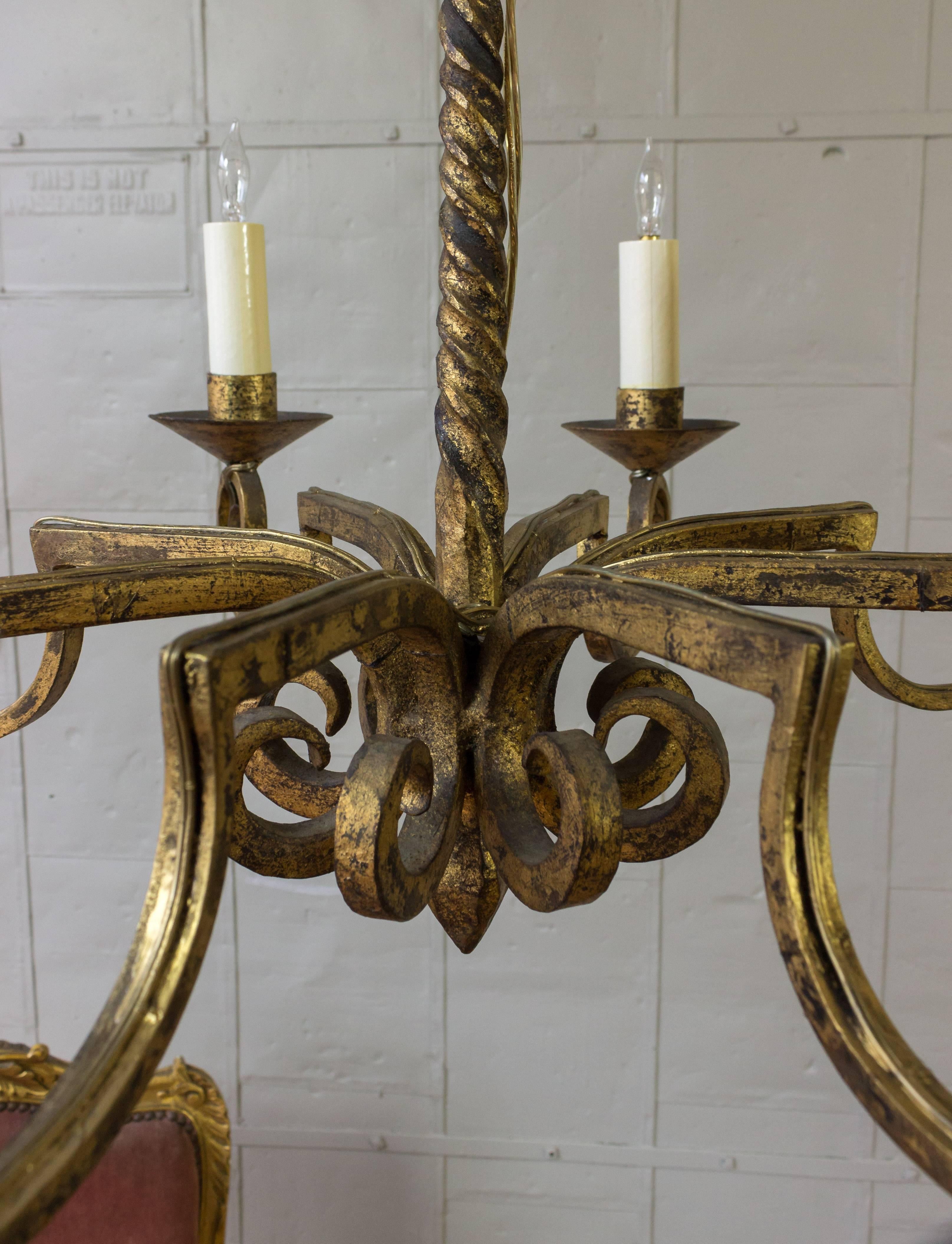Spanish Gilt Iron Eight-Armed Chandelier with Twisted Metal Stem 2