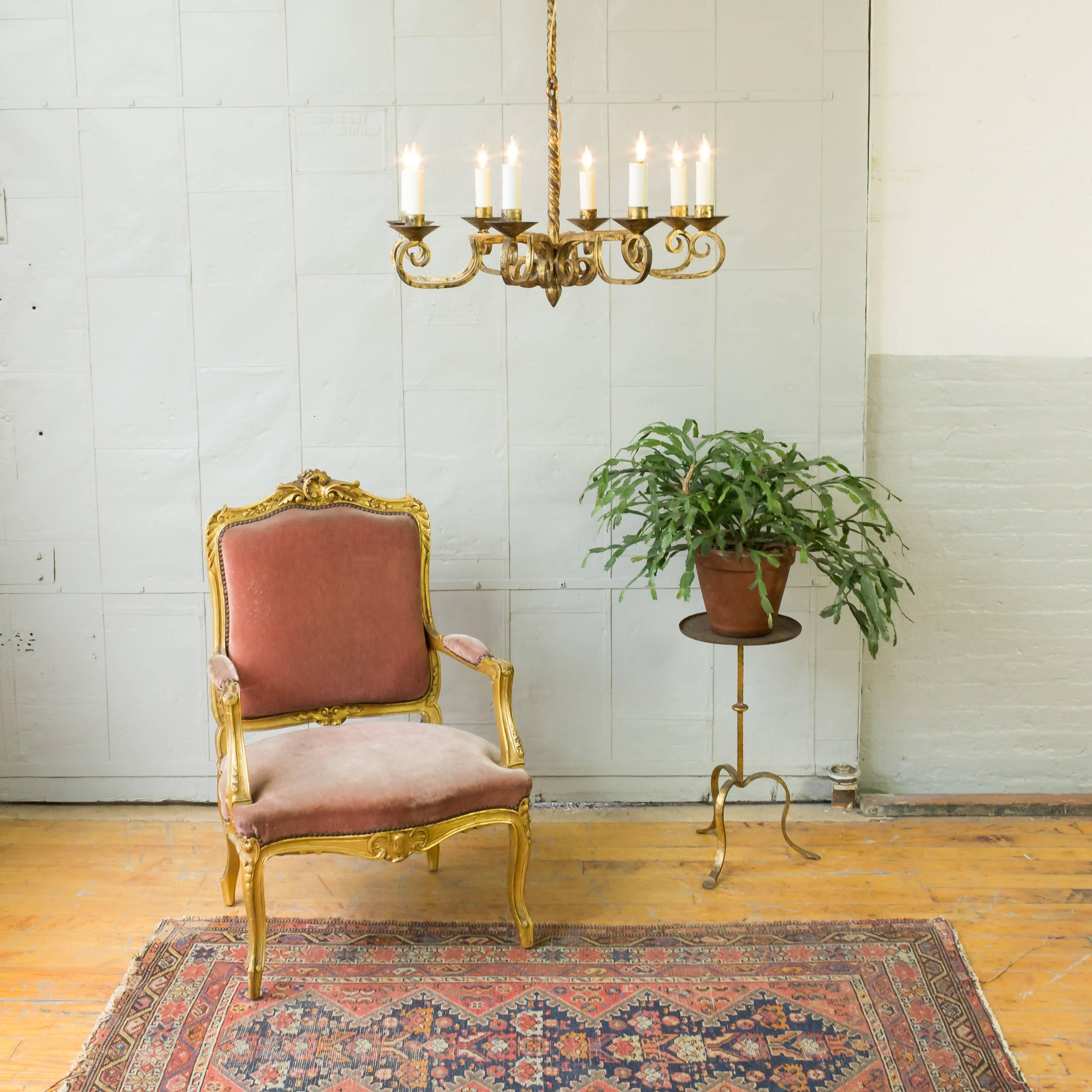 Spanish Gilt Iron Eight-Armed Chandelier with Twisted Metal Stem 4
