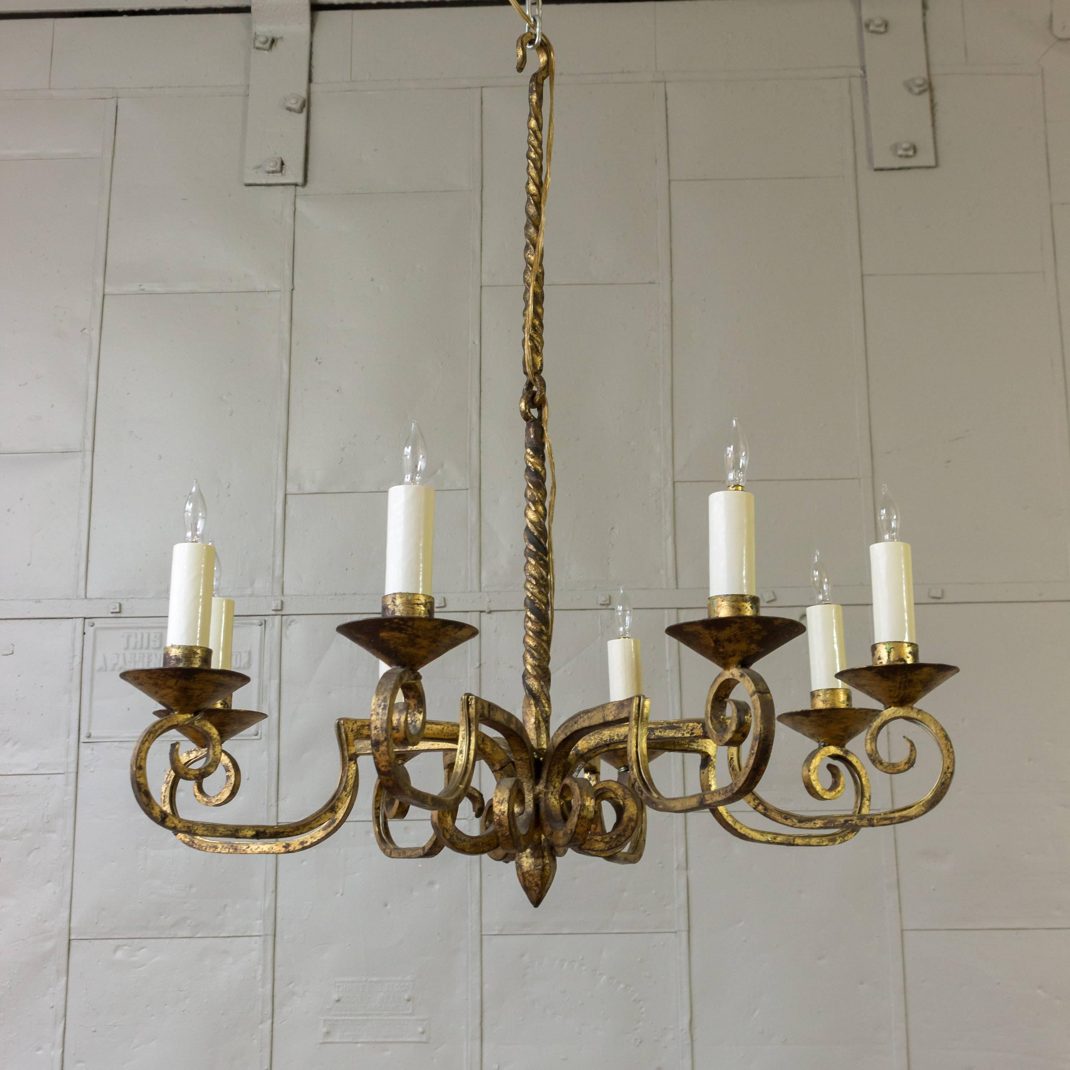 Spanish Gilt Iron Eight-Armed Chandelier with Twisted Metal Stem 5