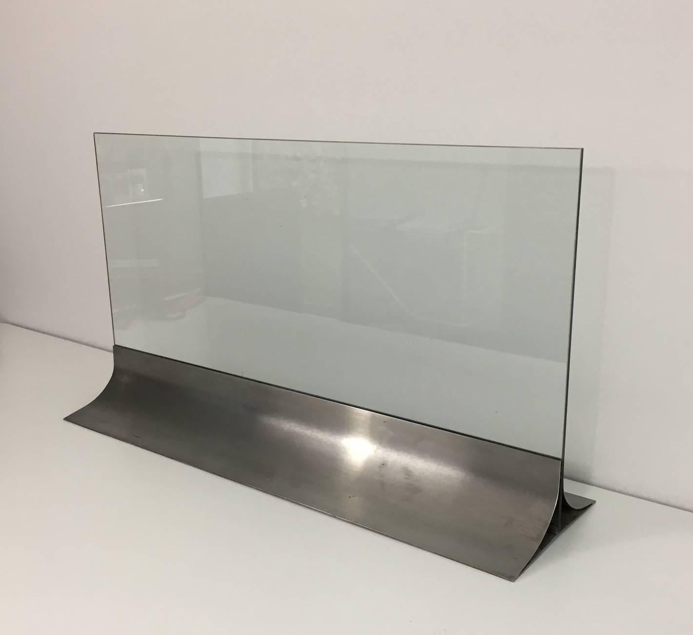 Glass and Brushed Steel Fire Screen Attributed to François Monnet 1