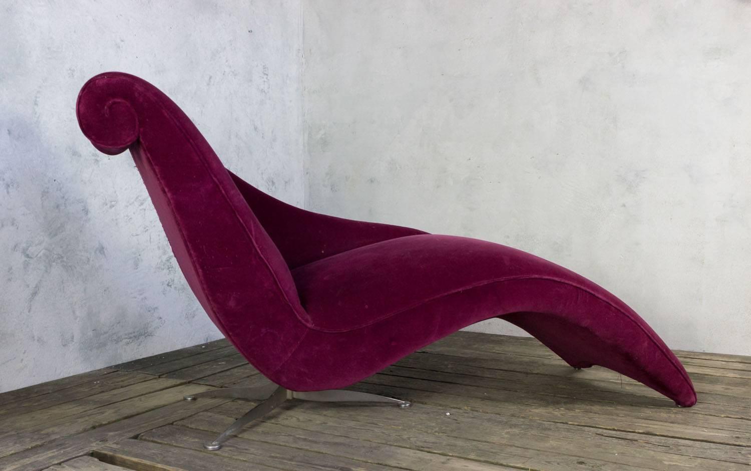 Beautiful burgundy velvet modern chaise lounge with cast brass feet. Possibly French or Italian.