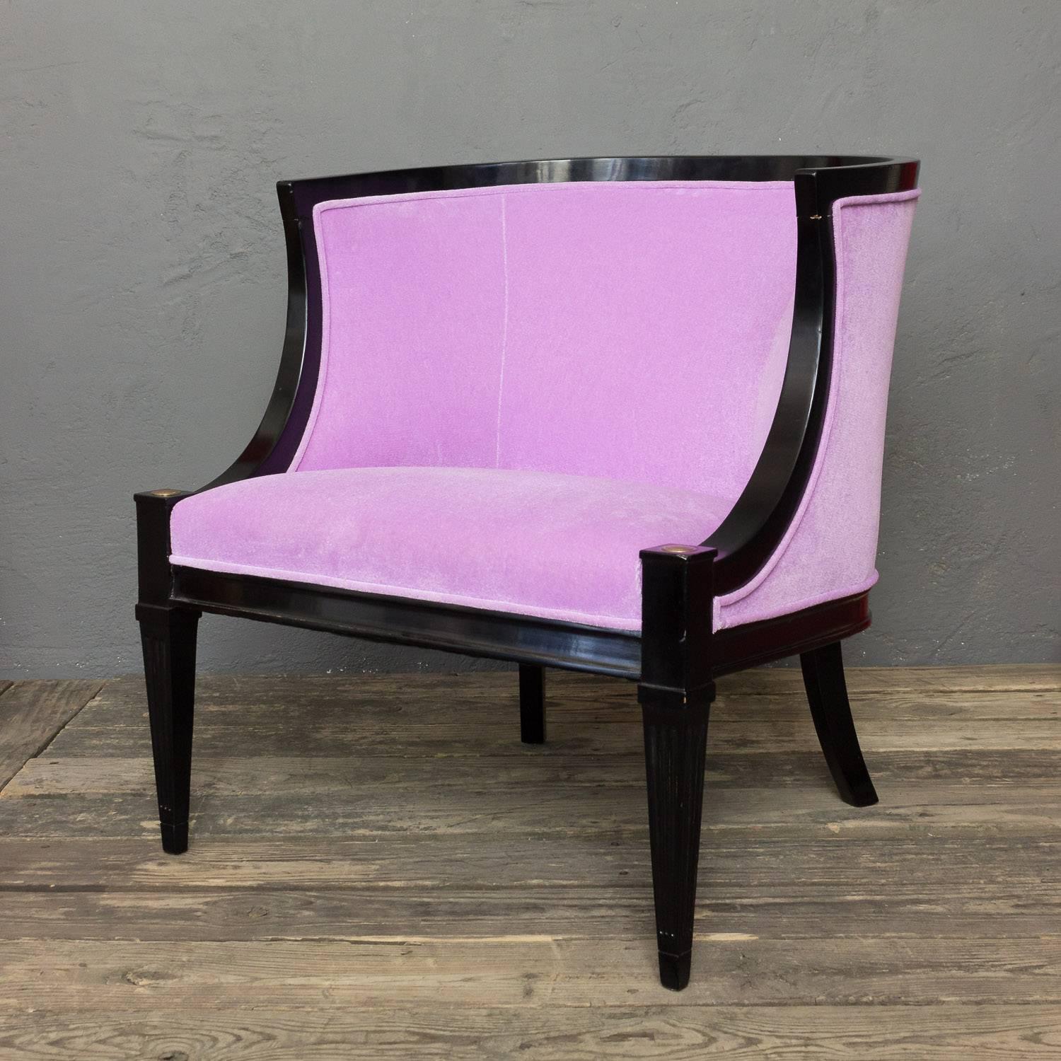 Mid-20th Century Pair of American Mid-Century Modern Rounded Back Armchairs in Purple Velvet For Sale
