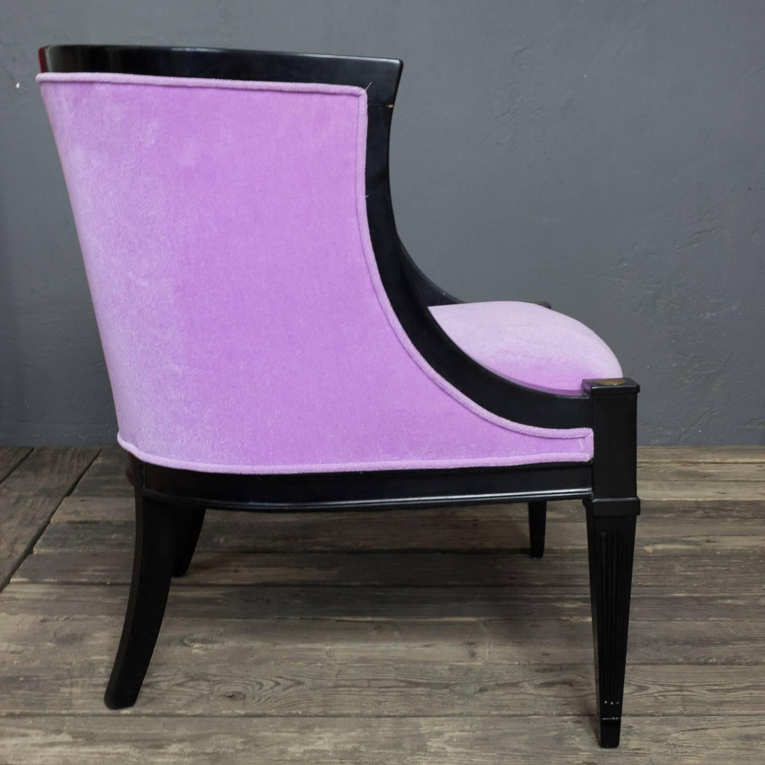 Beech Pair of American Mid-Century Modern Rounded Back Armchairs in Purple Velvet For Sale