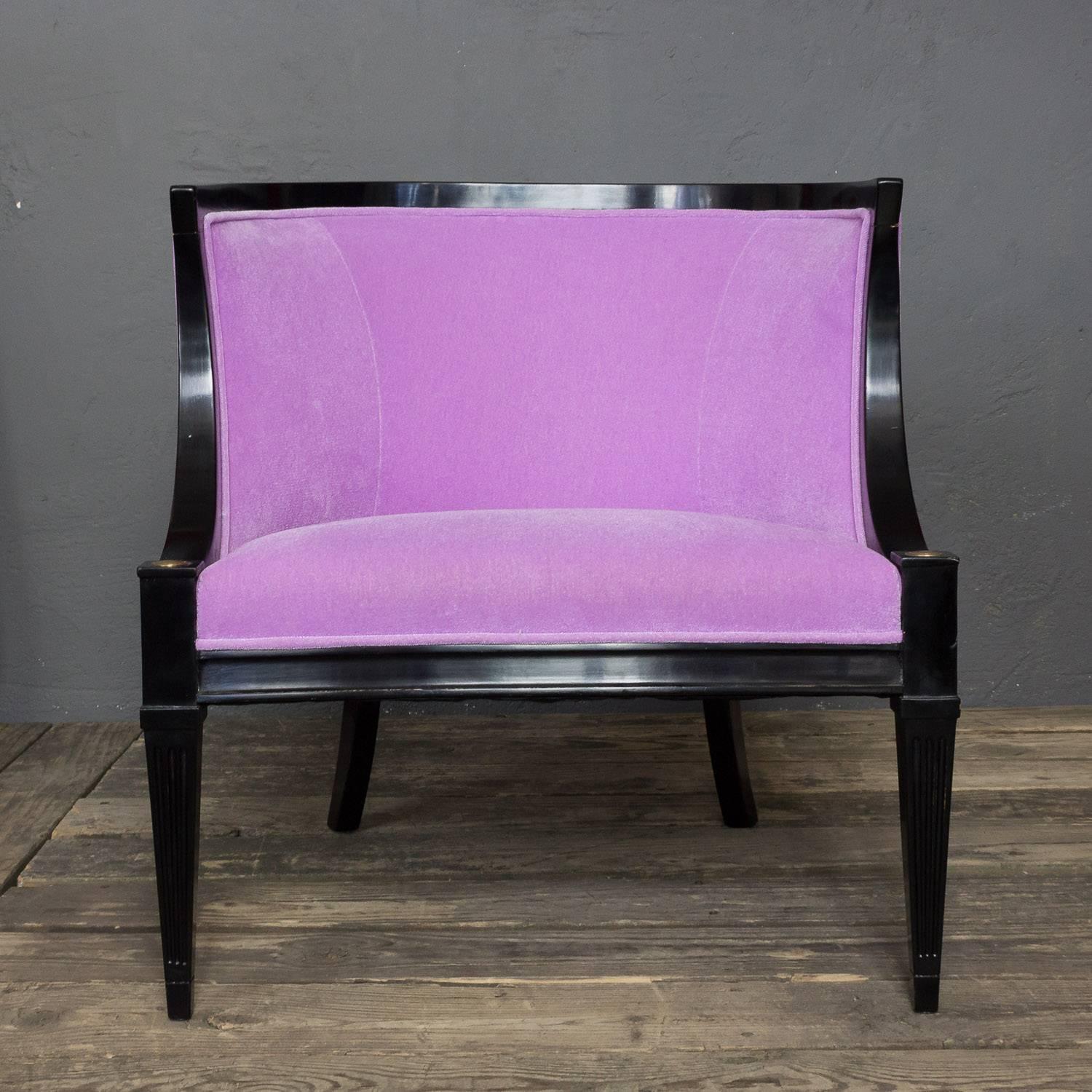 Pair of American Mid-Century Modern Rounded Back Armchairs in Purple Velvet For Sale 1