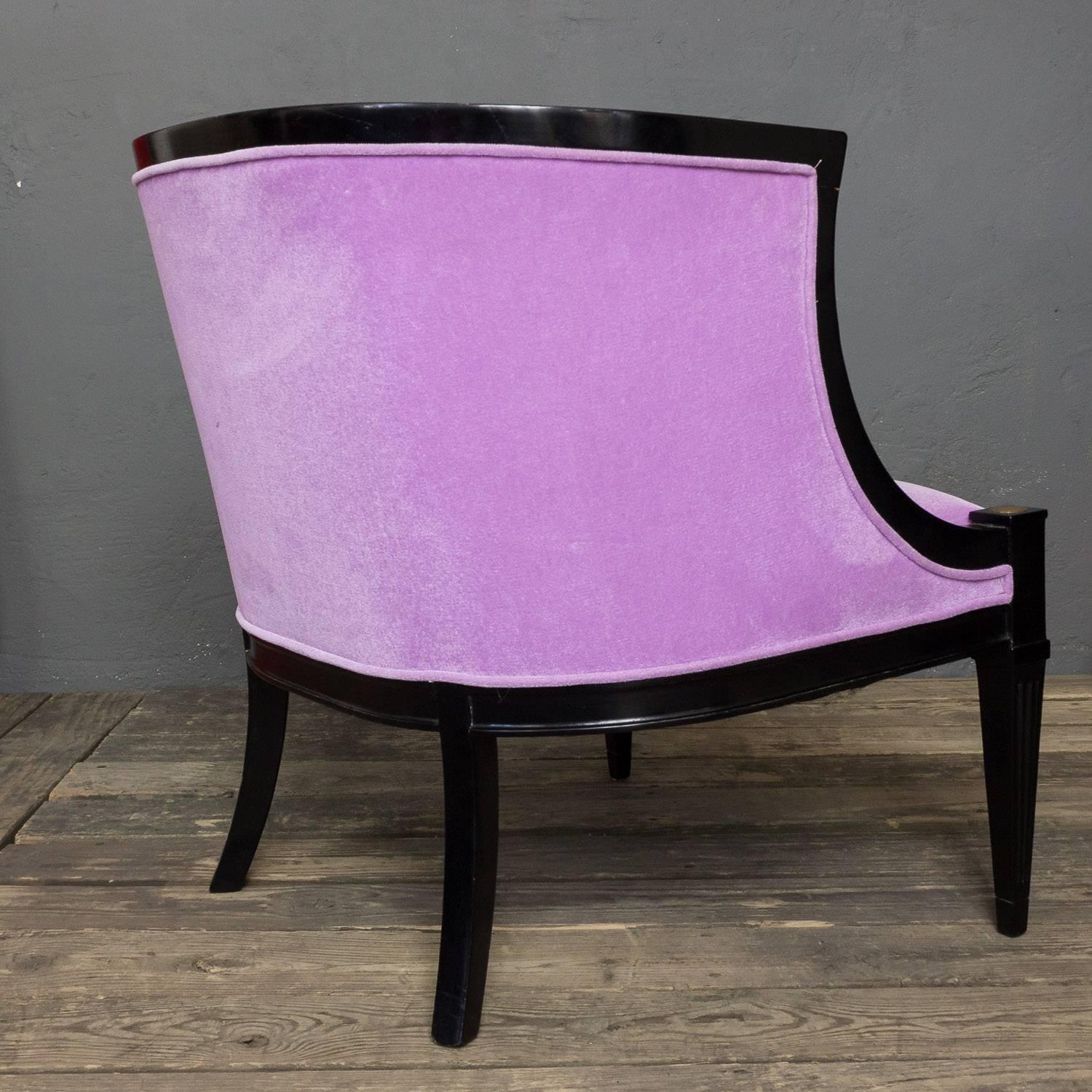 Pair of American Mid-Century Modern Rounded Back Armchairs in Purple Velvet For Sale 2