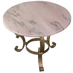Small Round Gilt Metal Coffee Table with Pink Marble Top