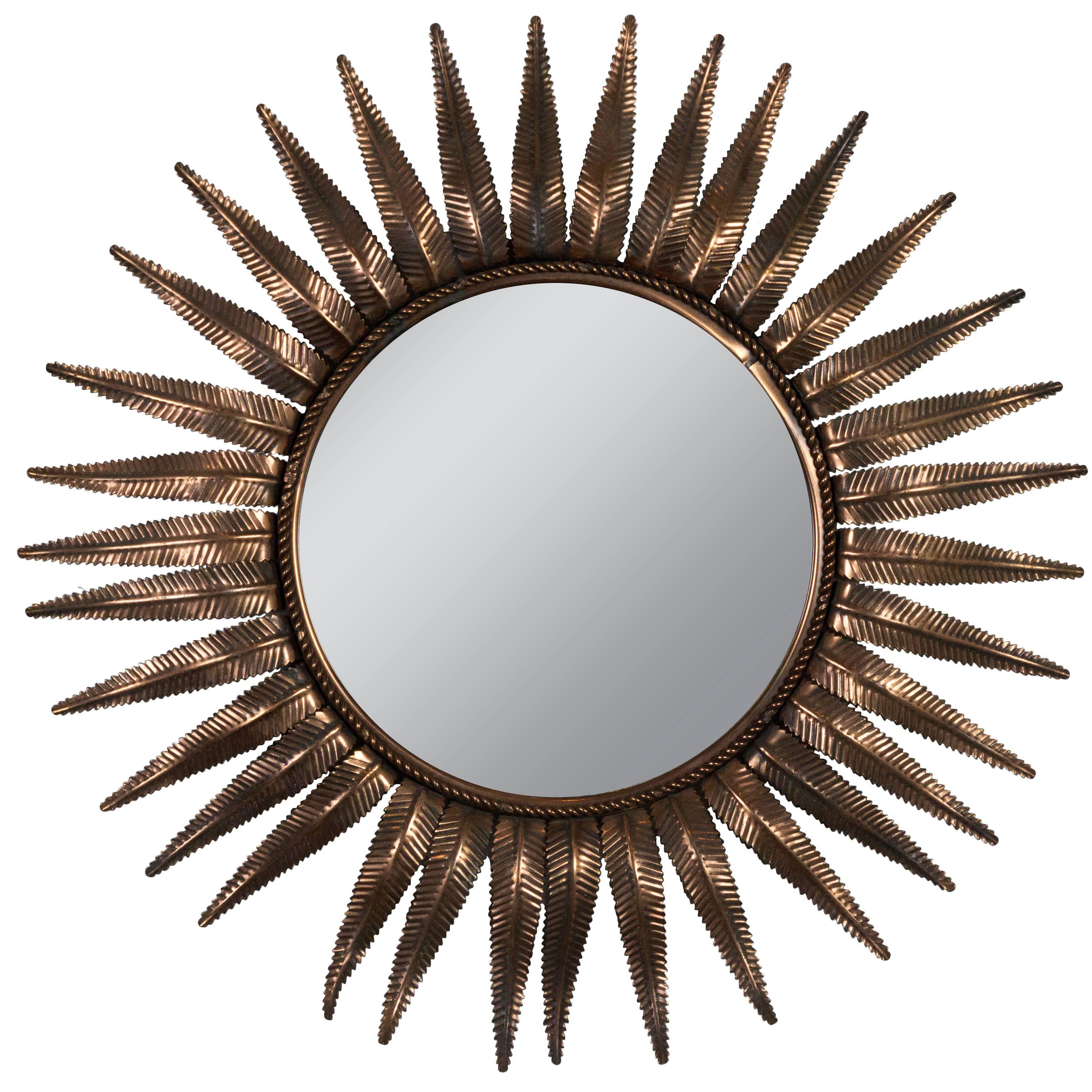 Round Spanish Copper Plated Metal Sunburst Mirror with Fern Leaf Frame